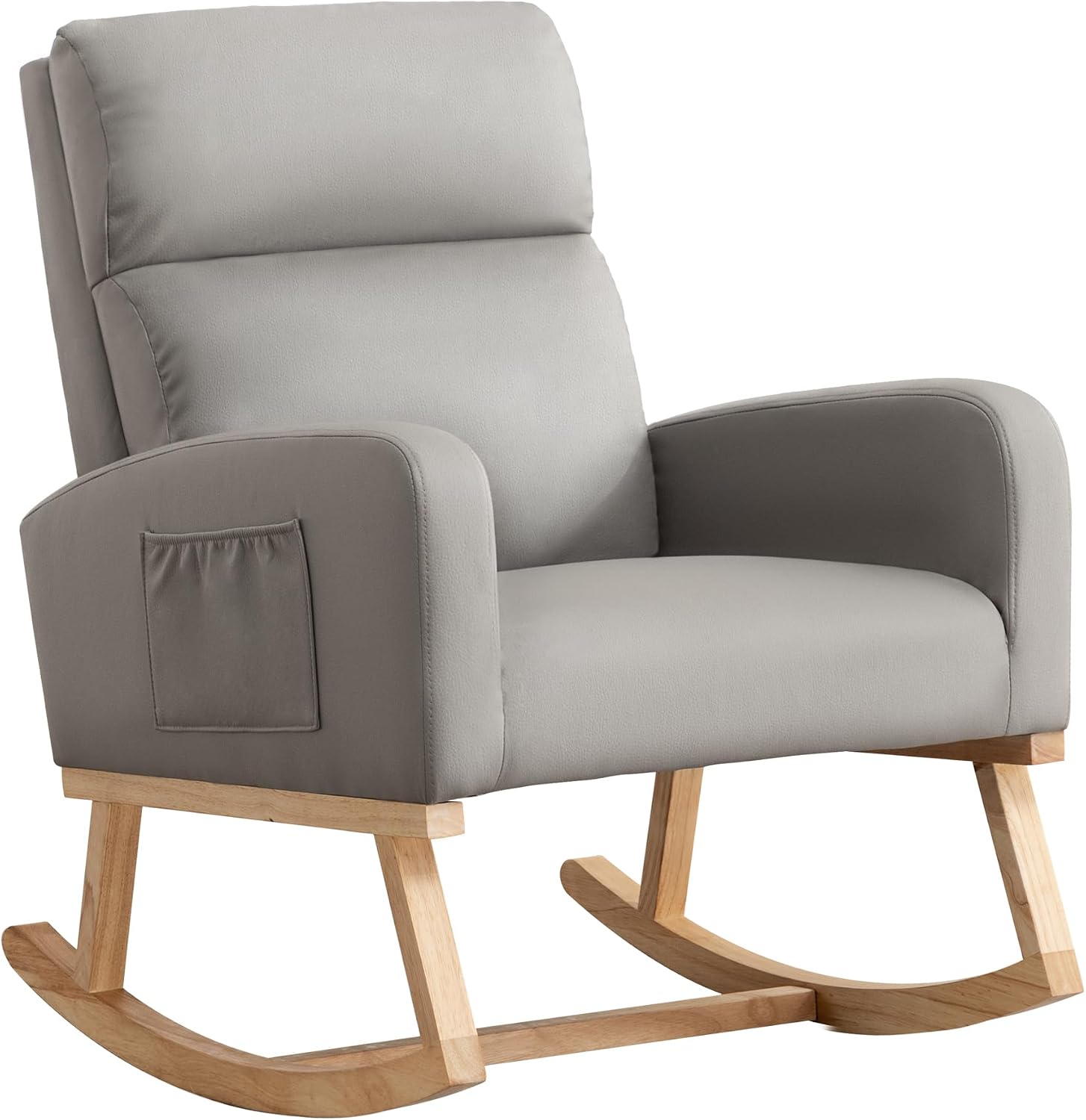 Rocking Chair Nursery, Uplostered Leather Rocker Nursing Chairs with Wood Legs and Side Pocket, Comfortable Glider Roking Chair for Nursery, Living Room, Bedroom,Teddy, Leather Grey