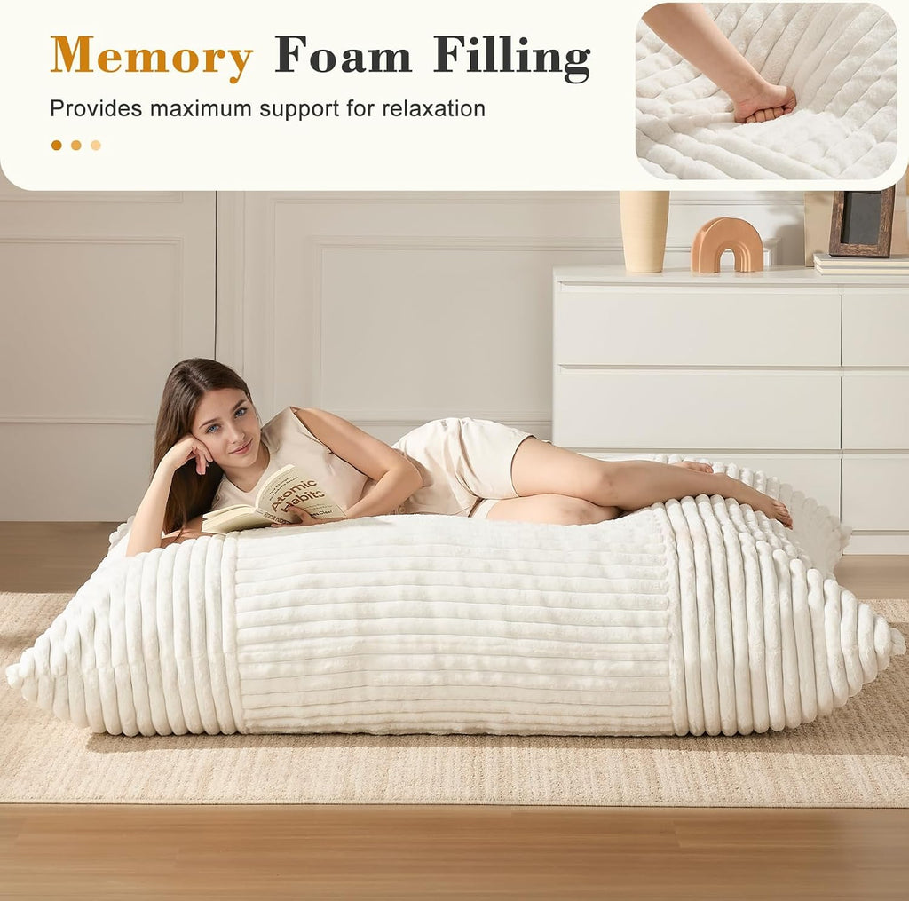 3-in-1 Giant Bean Bag Chair for Adults & Kids, Convertible Floor Sofa to Mattress, High-Density Foam Chair Bed with Washable Cover, Multi Functional Lounge Couch for Bedroom, Living Room (Beige)