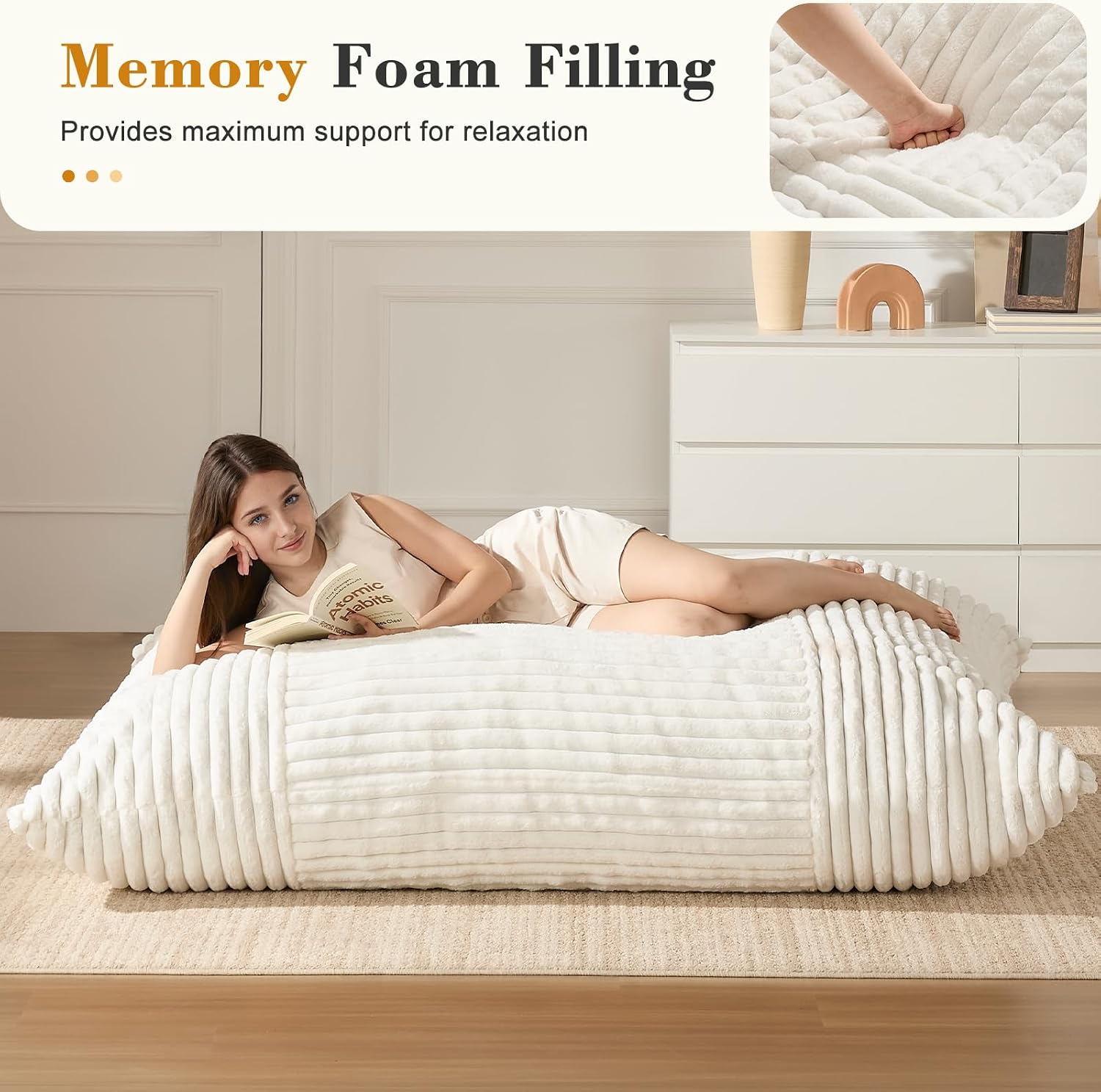 3-in-1 Giant Bean Bag Chair for Adults & Kids, Convertible Floor Sofa to Mattress, High-Density Foam Chair Bed with Washable Cover, Multi Functional Lounge Couch for Bedroom, Living Room (Beige)