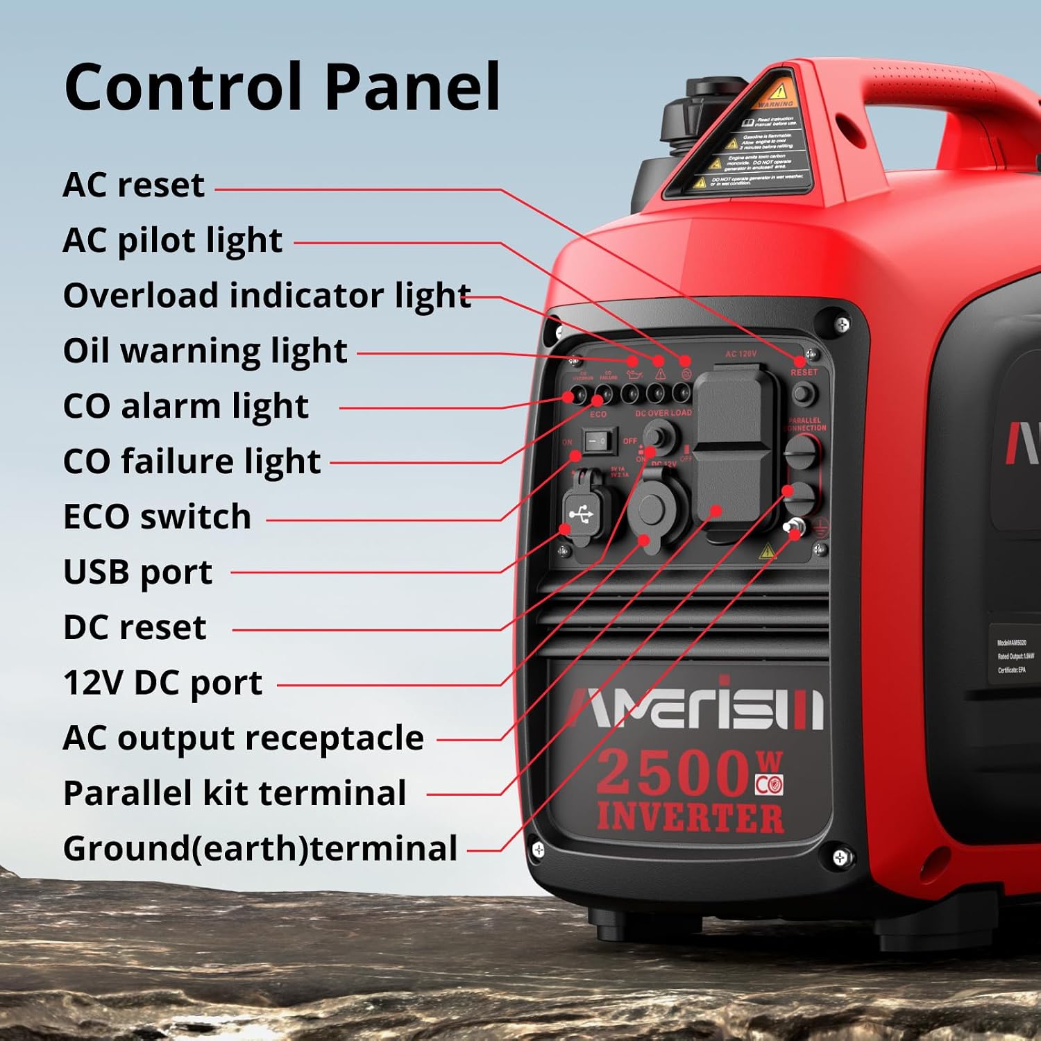 AMERISUN Portable Inverter Generator 2500W Gas Powered, Long Runtime Gas Generator for Home Backup, Emergency, Camping, EPA Compliant