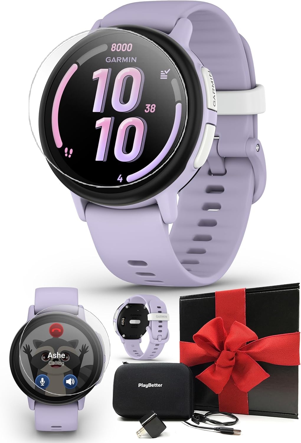 PlayBetter Garmin Bounce 2 (Light Purple) Kids GPS Smartwatch Gift Box Bundle - Calling, Messaging & Location Tracking Features HD Screen Protectors, Wall Adapter & Case