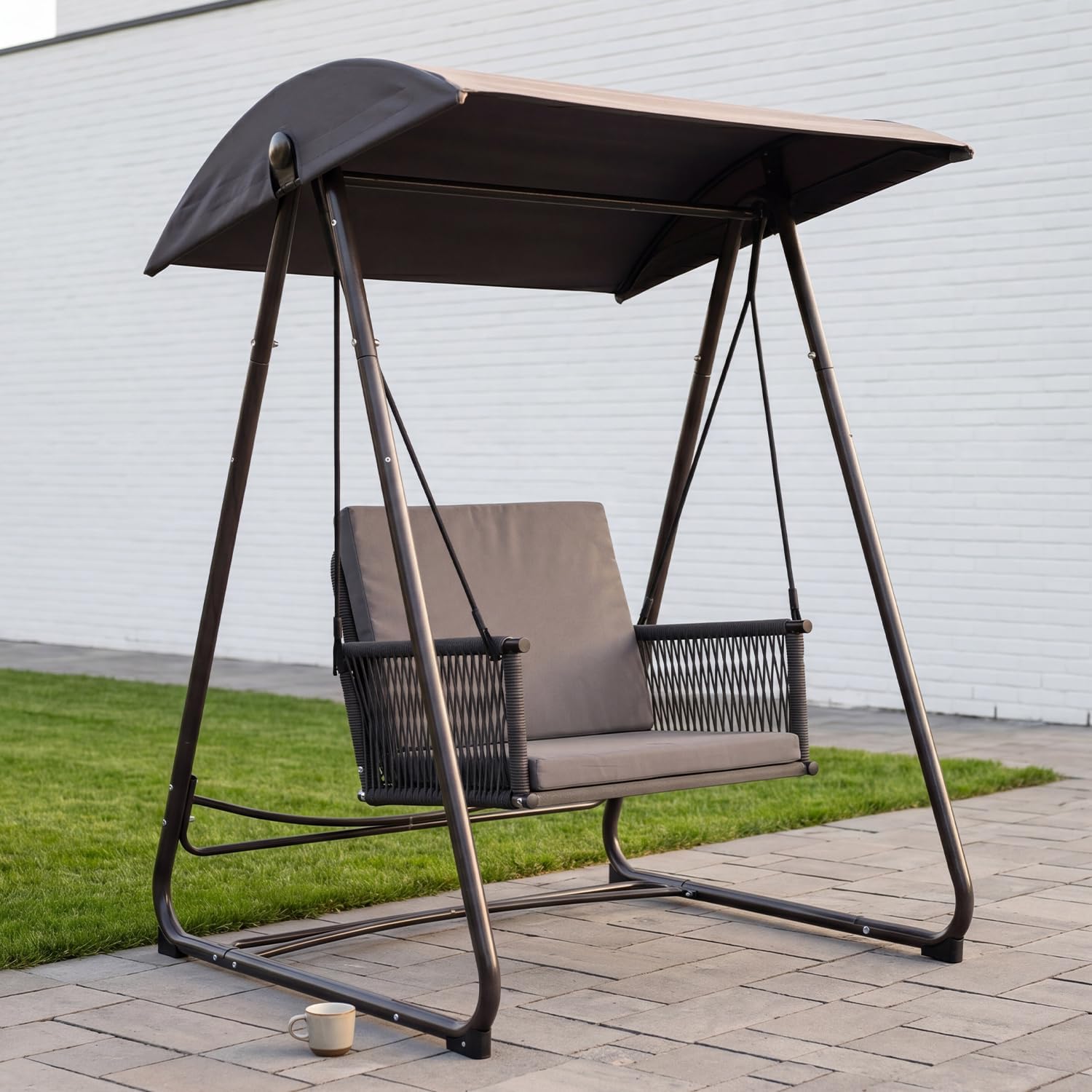 Porch Swing with Stand, Outdoor Swing with Canopy, All Weather Outdoor Swings for Adults, 400lbs Heavy Duty Porch Swings with Removable Cushions, Single Hanging Chair for Small Space, Grey