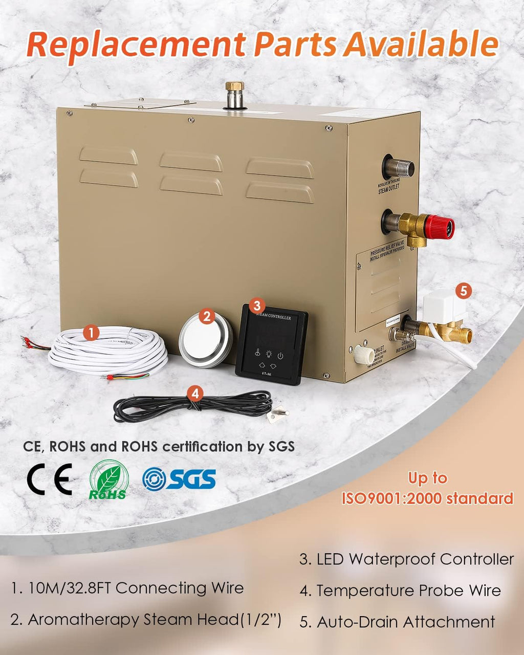 Steam Shower Generator Kit 10.5KW for Bath Sauna SPA, Self-draining System, Aromatherapy Steam Head, LED Touchscreen Controller, 12-Hour Timer 77-131℉ For Home Commercial Use