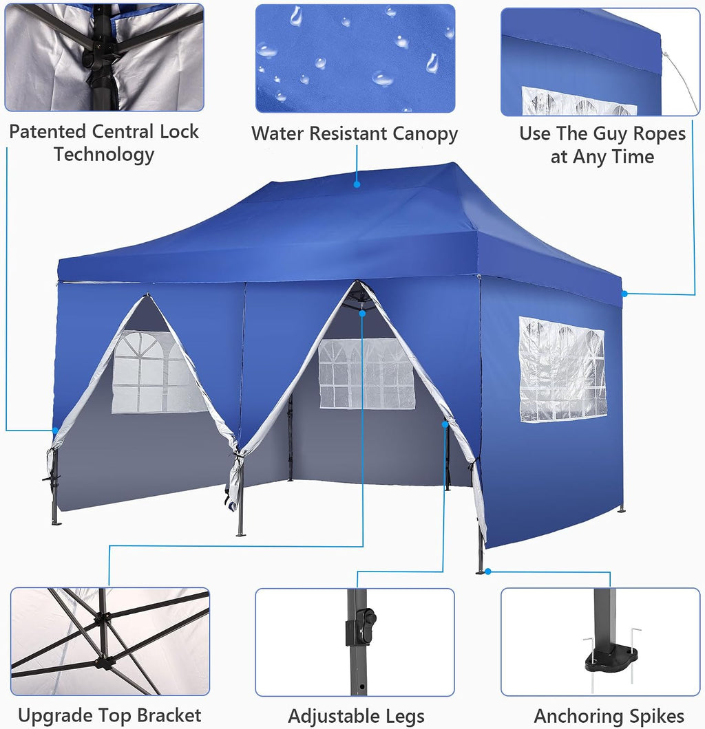GDY 10'x20' Pop Up Canopy, Folding Party Tent with 6-Panel Removable Sidewalls, Heavy Duty Outdoor Commercial Instant Gazebo with Wheeled Bag, Blue.