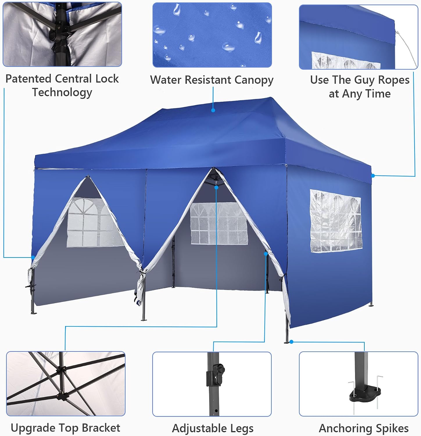 GDY 10'x20' Pop Up Canopy, Folding Party Tent with 6-Panel Removable Sidewalls, Heavy Duty Outdoor Commercial Instant Gazebo with Wheeled Bag, Blue.
