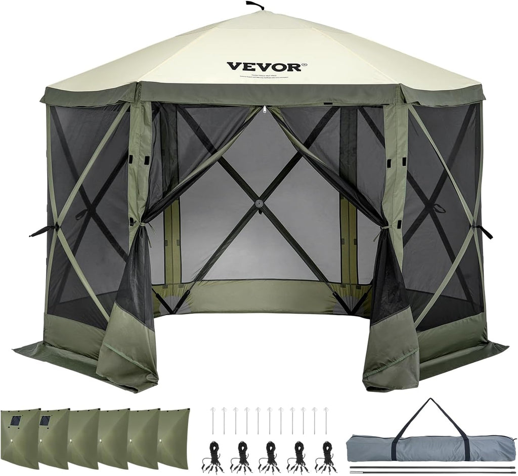 VEVOR Pop Up Gazebo Screen Tent 6 Sided Canopy Sun Shelter with 6 Removable Privacy Wind Cloths & Mesh Windows, 10x10FT Quick Set Screen Tent with Mosquito Netting, Army Green