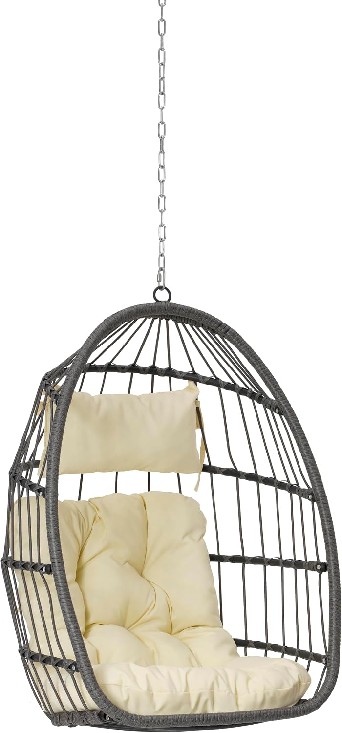 55.6' Outdoor Garden Rattan Egg Swing Chair,Patio UV Resistent PE Hanging Chairs with Cushion,Galvanized Steel Frame,Load: 360lbs,All Weather Foldable Hammock for Bedroom,Porch,Khaki+Yellow