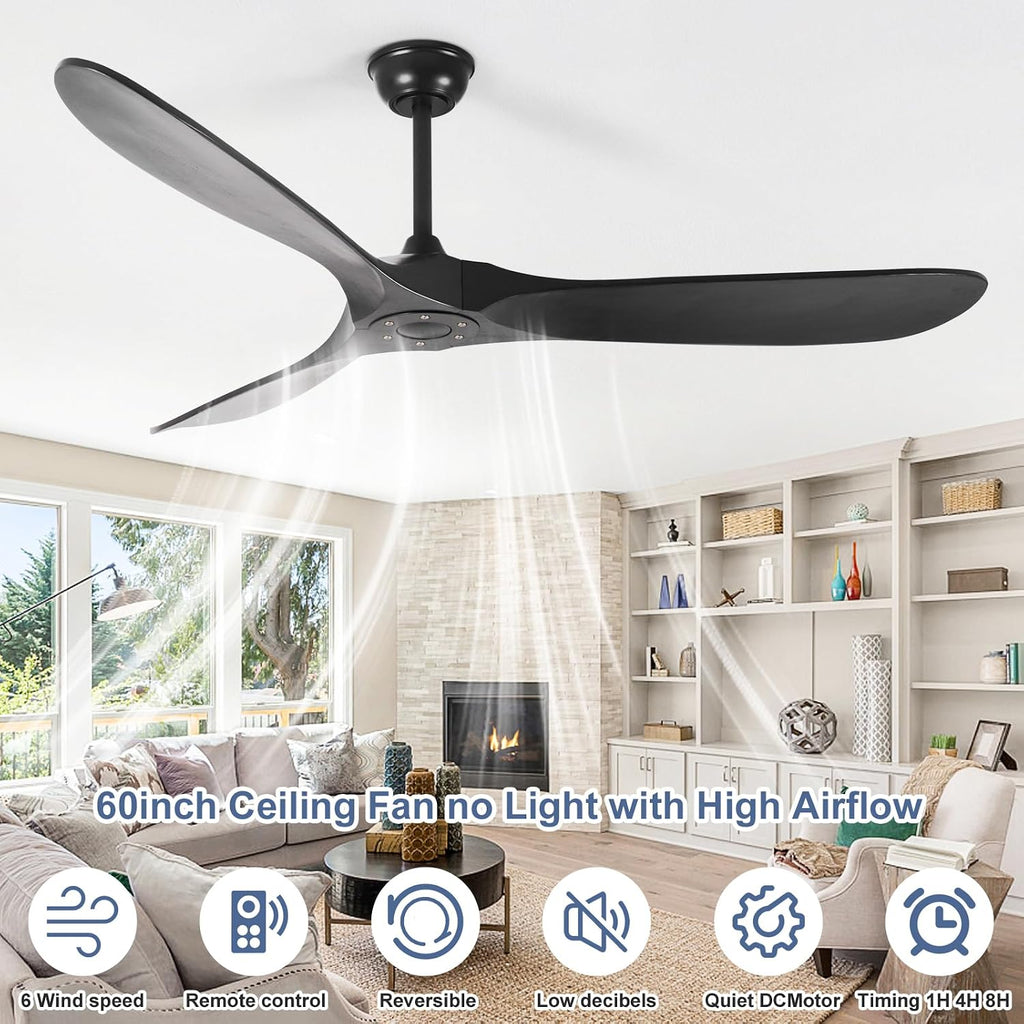 60'' Solid Wood Ceiling Fans without Light,Black Ceiling Fan with Quiet and Large Airflow DC Motor,Outdoor Ceiling Fan for Patio,Garage,Bedroom
