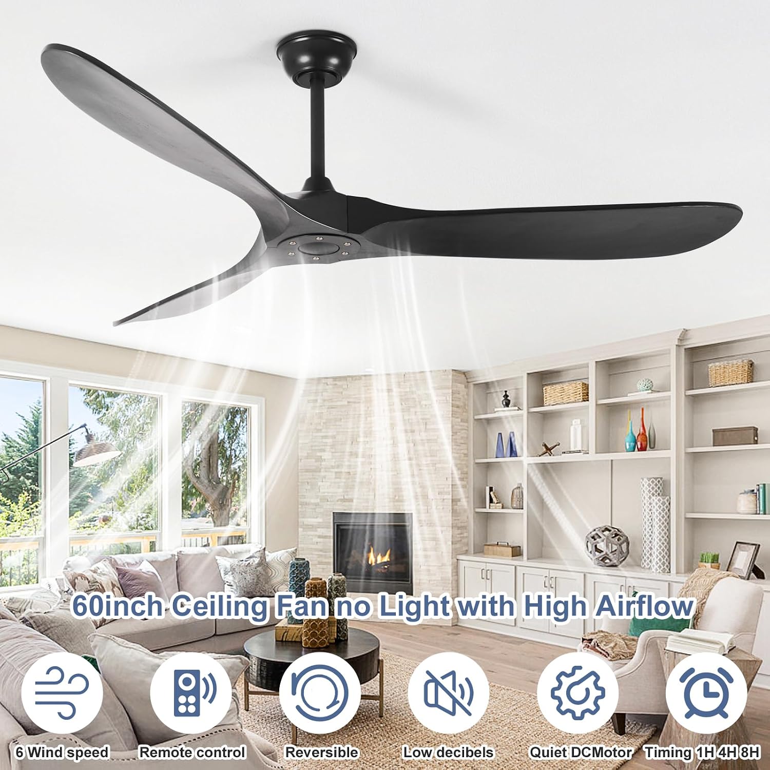 60'' Solid Wood Ceiling Fans without Light,Black Ceiling Fan with Quiet and Large Airflow DC Motor,Outdoor Ceiling Fan for Patio,Garage,Bedroom