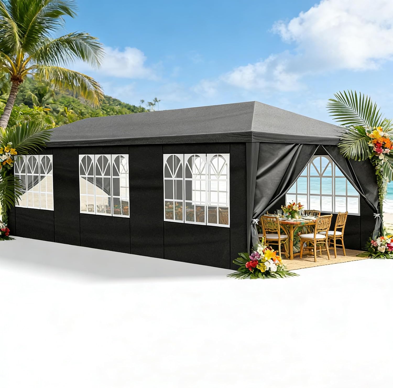 Party Tent for Outdoor Wedding, Birthday, Event, Patio - Gazebo Carport Canopy Shade With Removable Sidewalls & Transparent Window (10'x30'/8 Sidewalls Black)