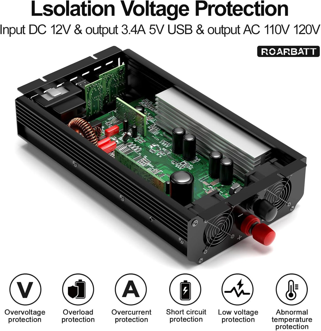 3000W Power Inverter 12V DC to 110V/120V AC, 6000W Peak Car Inverter with 2 AC Outlets, 2.4A USB Port & LCD Display, Portable Backup Power Converter for RV, Truck, Camping, Outdoor & Emergency