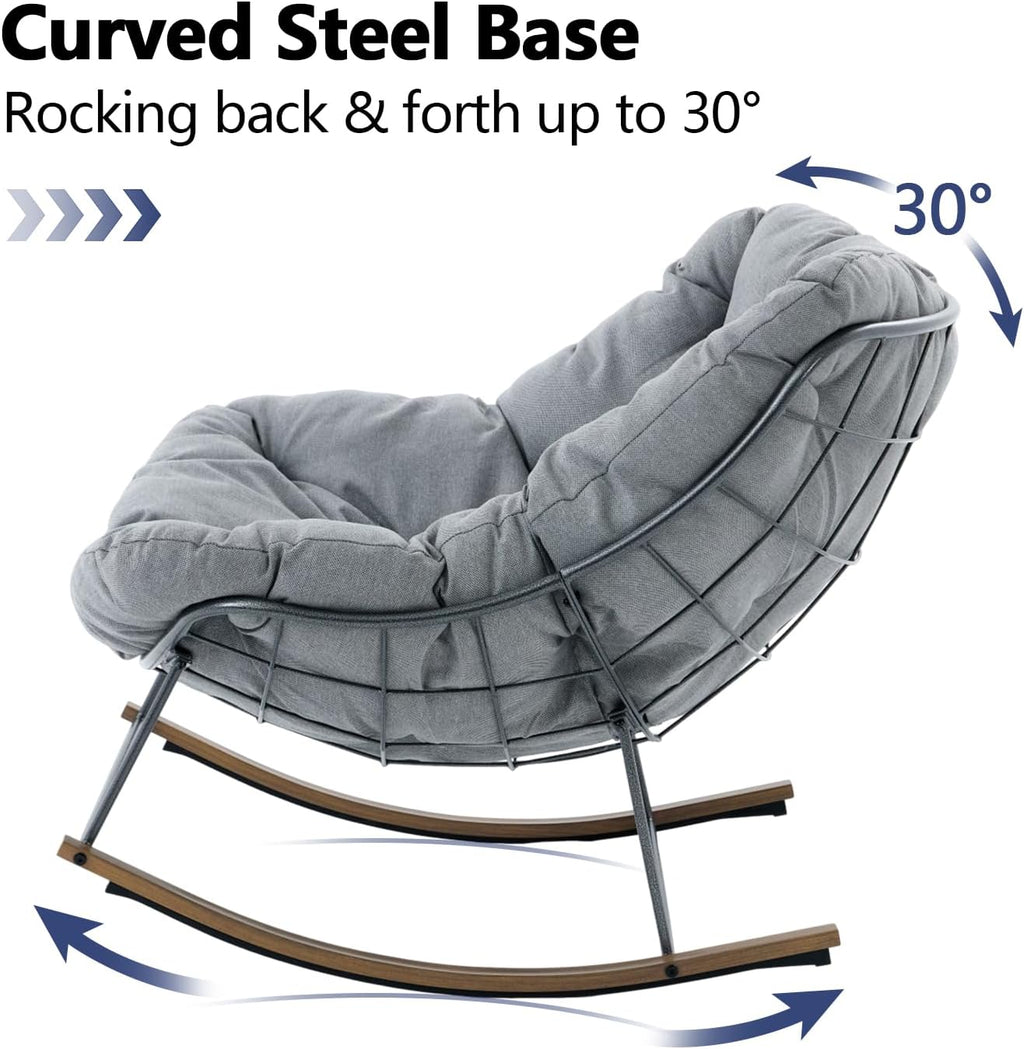 Outdoor Rocking Chair, 400 lbs Sturdy Frame with Thick Cushion,Patio Papasan Chair for Bedroom, Living Room, Porch, Garden(Grey)