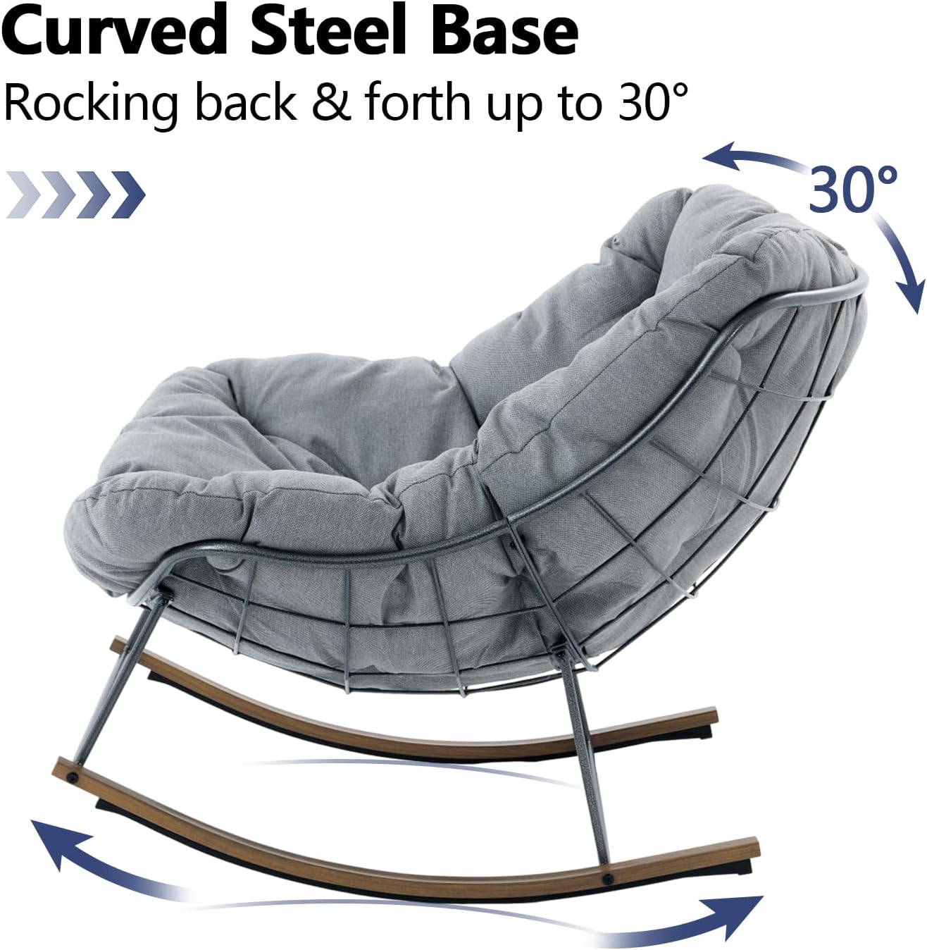 Outdoor Rocking Chair, 400 lbs Sturdy Frame with Thick Cushion,Patio Papasan Chair for Bedroom, Living Room, Porch, Garden(Grey)