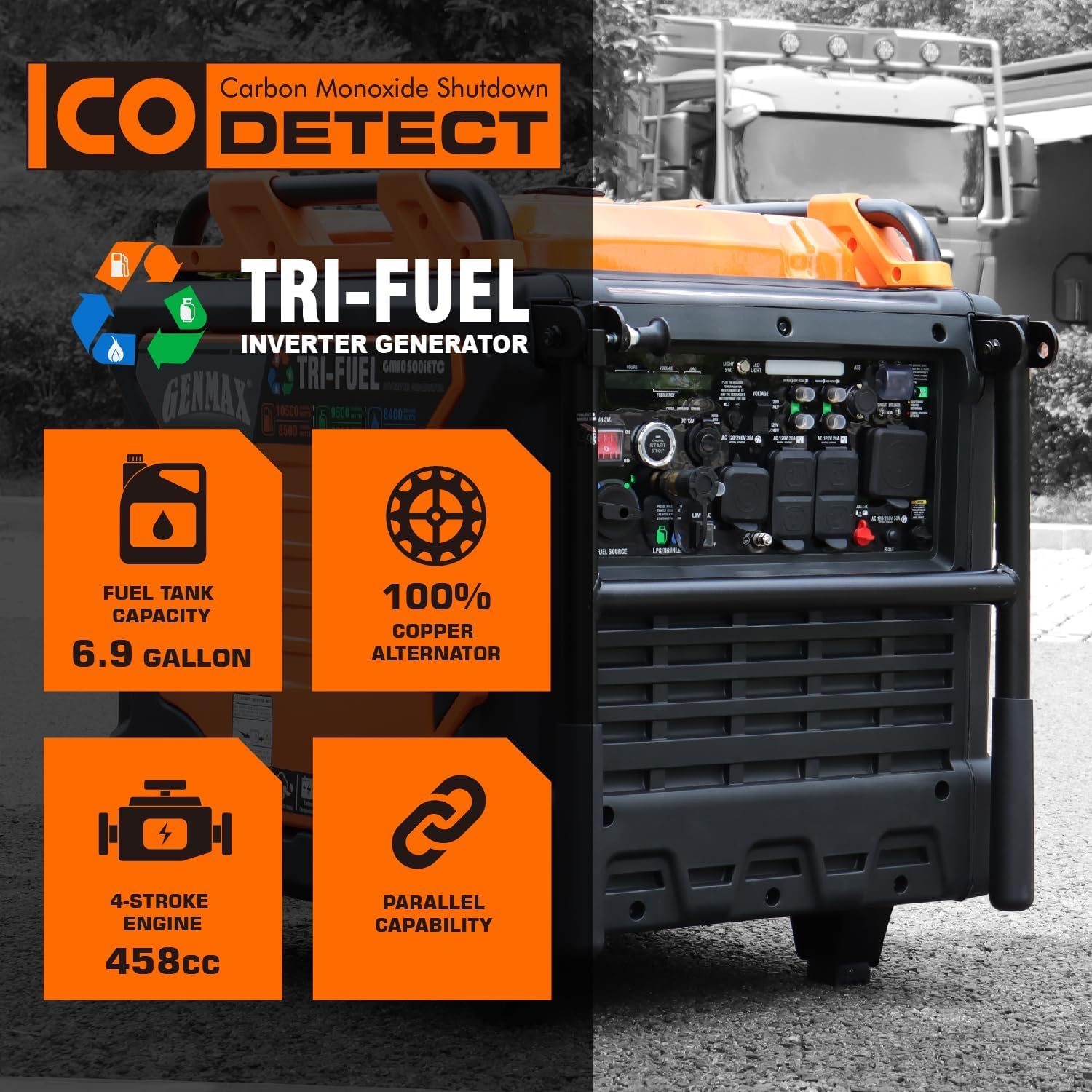 GENMAX Tri Fuel Generator,10500-Watt 458cc Tri Fuel Gasoline Propane Natural Gas Portable 50A Generator with Remote Start,Ideal for Home backup power.