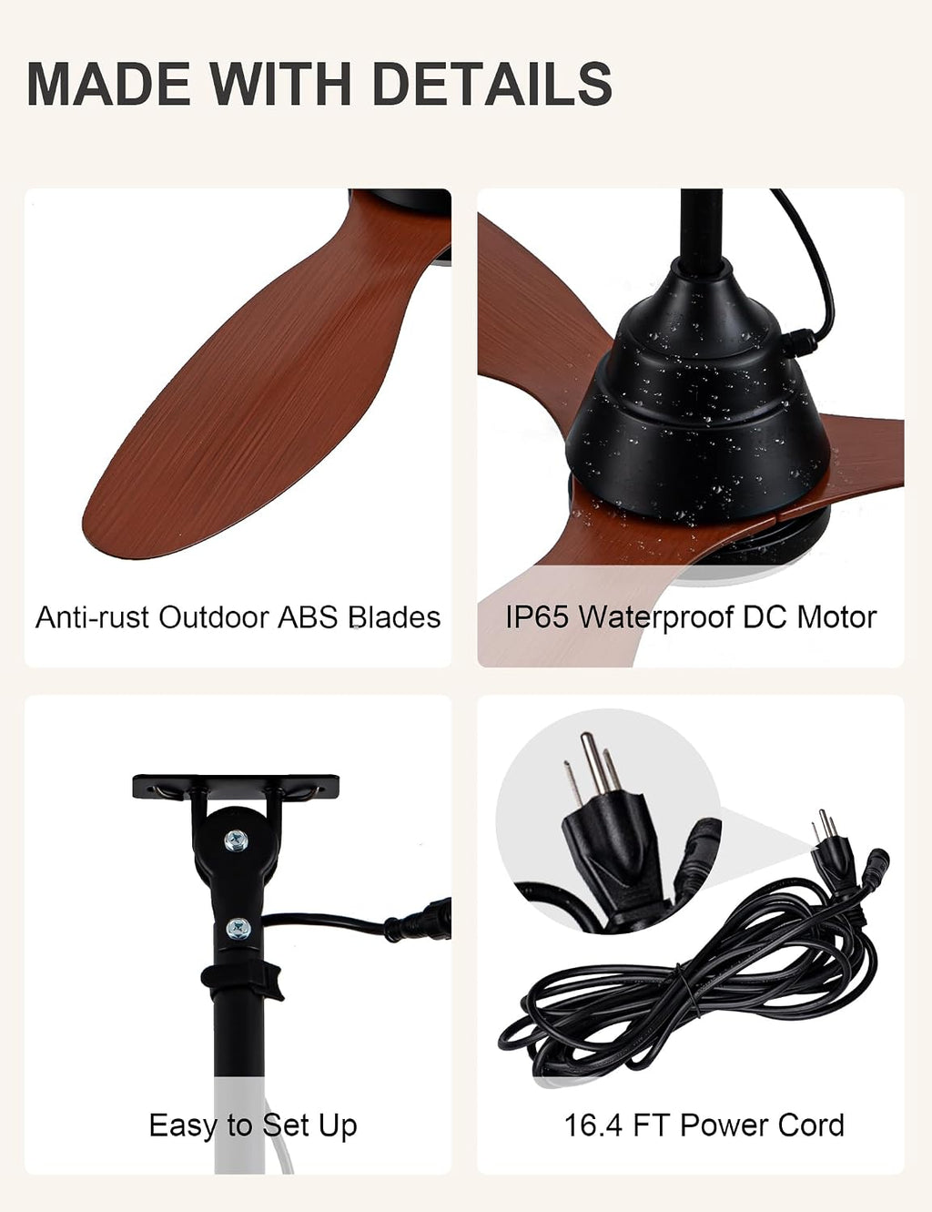 42 Inch Waterproof Outdoor Ceiling Fans with Lights Gazebo Fan for Outside DC Motor 6-Speed Reversible Timer 3 Color Dimmable LED Light Plug-in Ceiling Fan Outdoor Hanging for Patios Porch (34-Walnut)