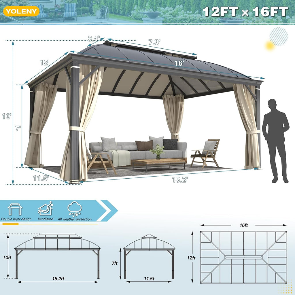 YOLENY 12'x16' Hardtop Gazebo, Permanent Outdoor Aluminum Patio Gazebo with Aluminum Composite Double Arc Roof for Patio Lawn and Garden, Curtains and Netting Included