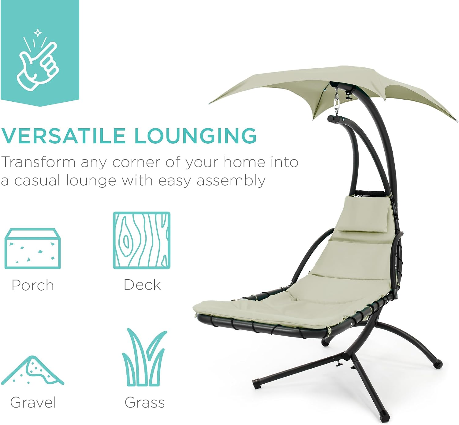 Best Choice Products Outdoor Hanging Curved Steel Chaise Lounge Chair Swing w/Built-in Pillow and Removable Canopy - Sage