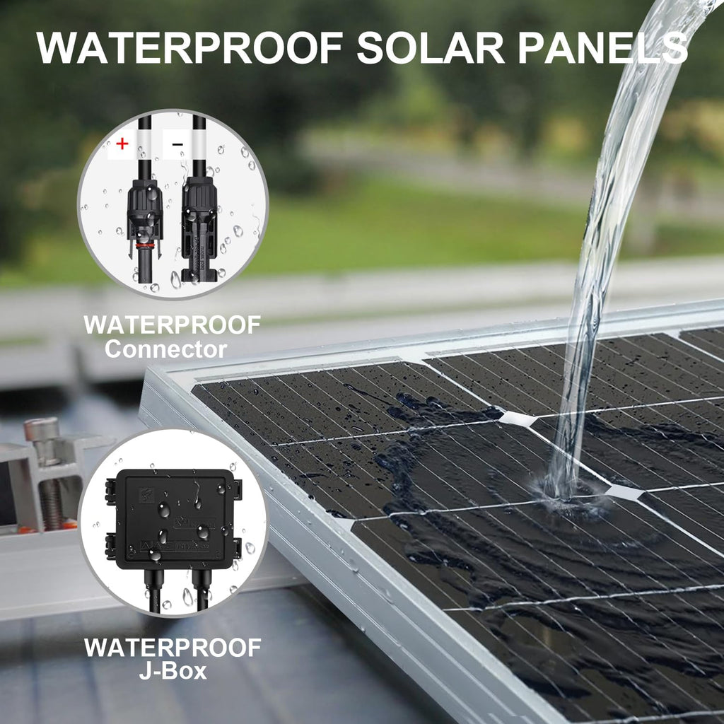 DOKIO 200W Solar Panel Kit (2×100W) Monocrystalline with Aluminum Frame and MC4, Mounting Brackets, Clips & 5m Cable for RV, Boat, Roof, Off-Grid (Controller Required)