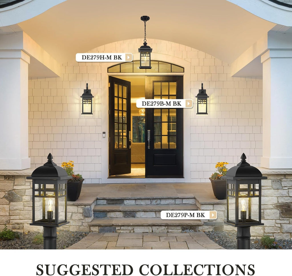 Emliviar 20' Farmhouse Outdoor Pendant Light, Large Outdoor Hanging Light for Porch Gazebo, Black Finish Aluminum with Seeded Glass Shade, DE279H-M BK