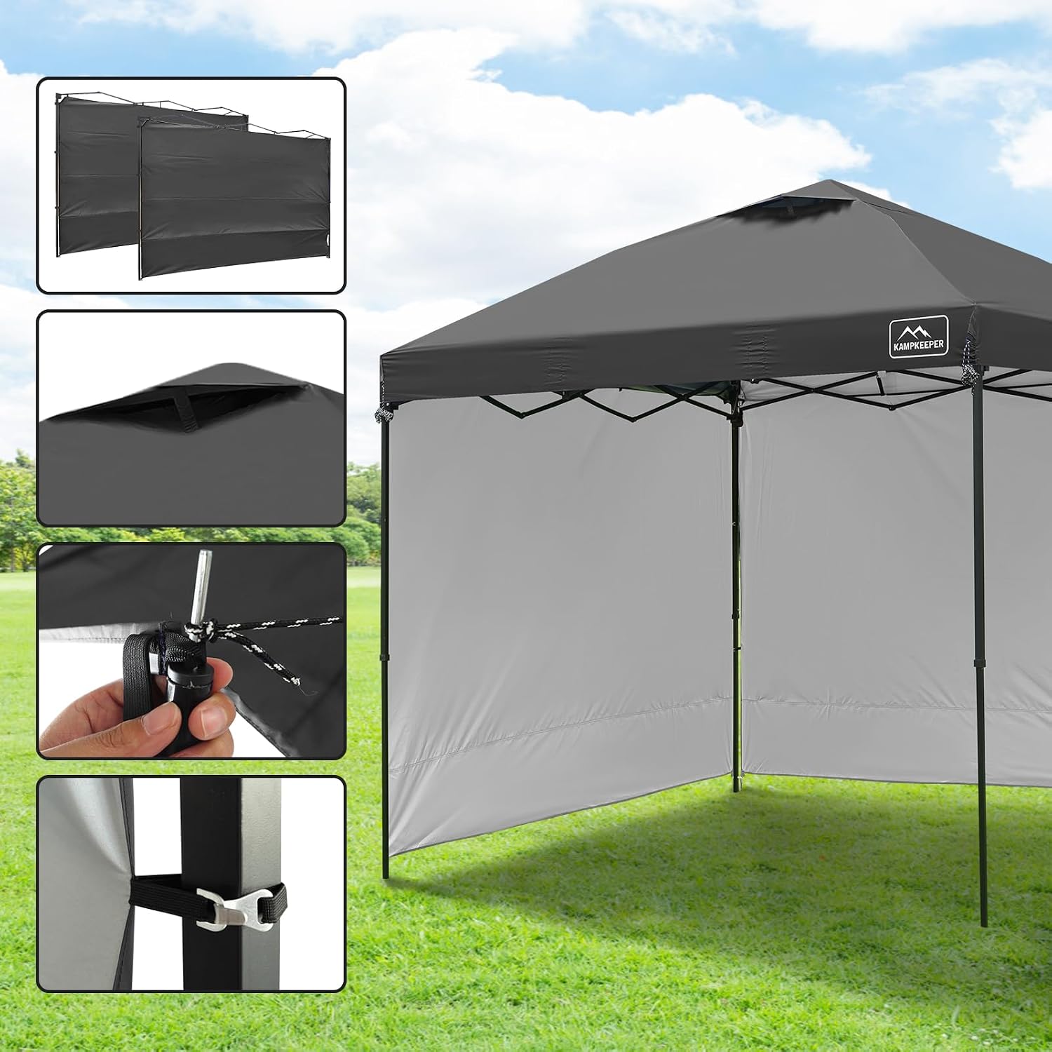 KAMPKEEPER 10x10 Easy Pop Up Canopy Tent with Sidewalls, Instant Outdoor Shade Shelter with Removable 10FT Sun Walls, Quick Setup Waterproof and UV-Resistant for Patio (Black, 10x10FT with 2 sidewall)