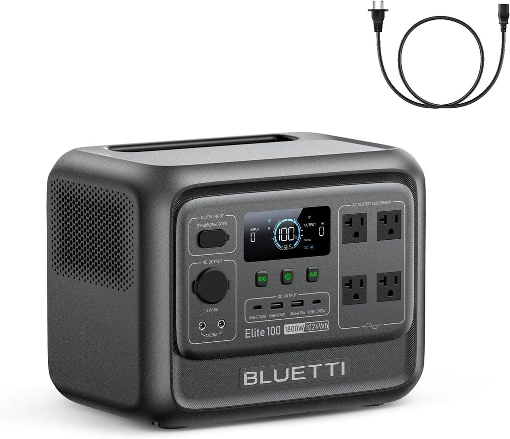 BLUETTI Elite 100 V2 Portable Power Station with AC Cable, 1024Wh LFP Battery Solar Generator w/ 4 1800W AC Outlets (3600W Surge) Backup, 35% Smaller for Camping, RV, Outages (Solar Panel Optional)