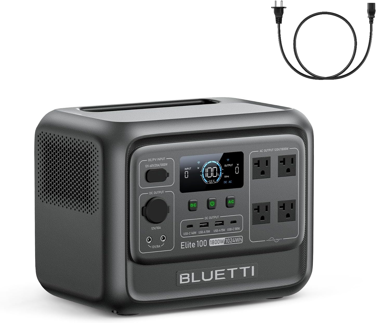 BLUETTI Elite 100 V2 Portable Power Station with AC Cable, 1024Wh LFP Battery Solar Generator w/ 4 1800W AC Outlets (3600W Surge) Backup, 35% Smaller for Camping, RV, Outages (Solar Panel Optional)