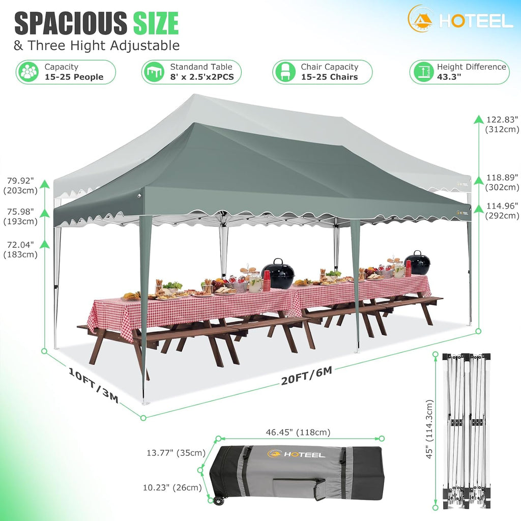 HOTEEL 10x20 Pop up Canopy Tent Without Sidewall Easy Up Commercial Outdoor Wedding Party Tents for Parties All Season Wind & Waterproof Gazebo Roller Bag, Gray