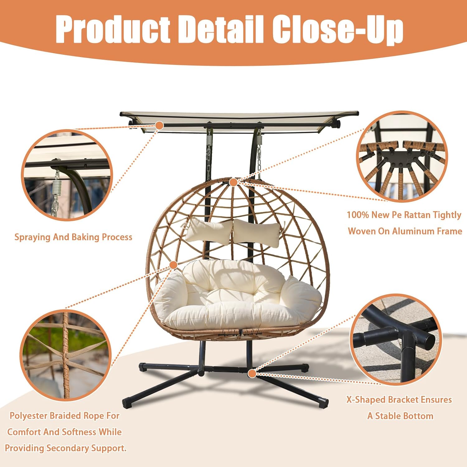 Double Egg Swing Chair with Stand and Canopy Indoor Outdoor, All-Weather Pe Rattan and Sturdy Powder-Coated Steel Frame, Splash-Proof Fabric & Thickened Uv Resistant Cushion, 600lbs Capacity (YB)