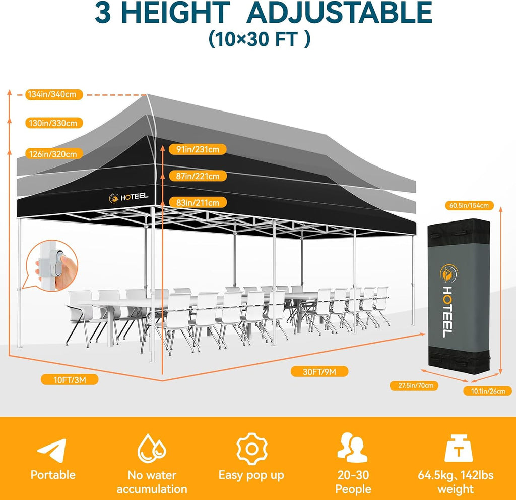 Hoteel 10x30 Pop Up Canopy Heavy Duty with 8 Sidewalls, Waterproof Outdoor Event Tents, Easy Set-up Instant Tent with Hand Bag, Rope & Nail, Hexagonal Leg (1-Year Warranty,Upgrade)