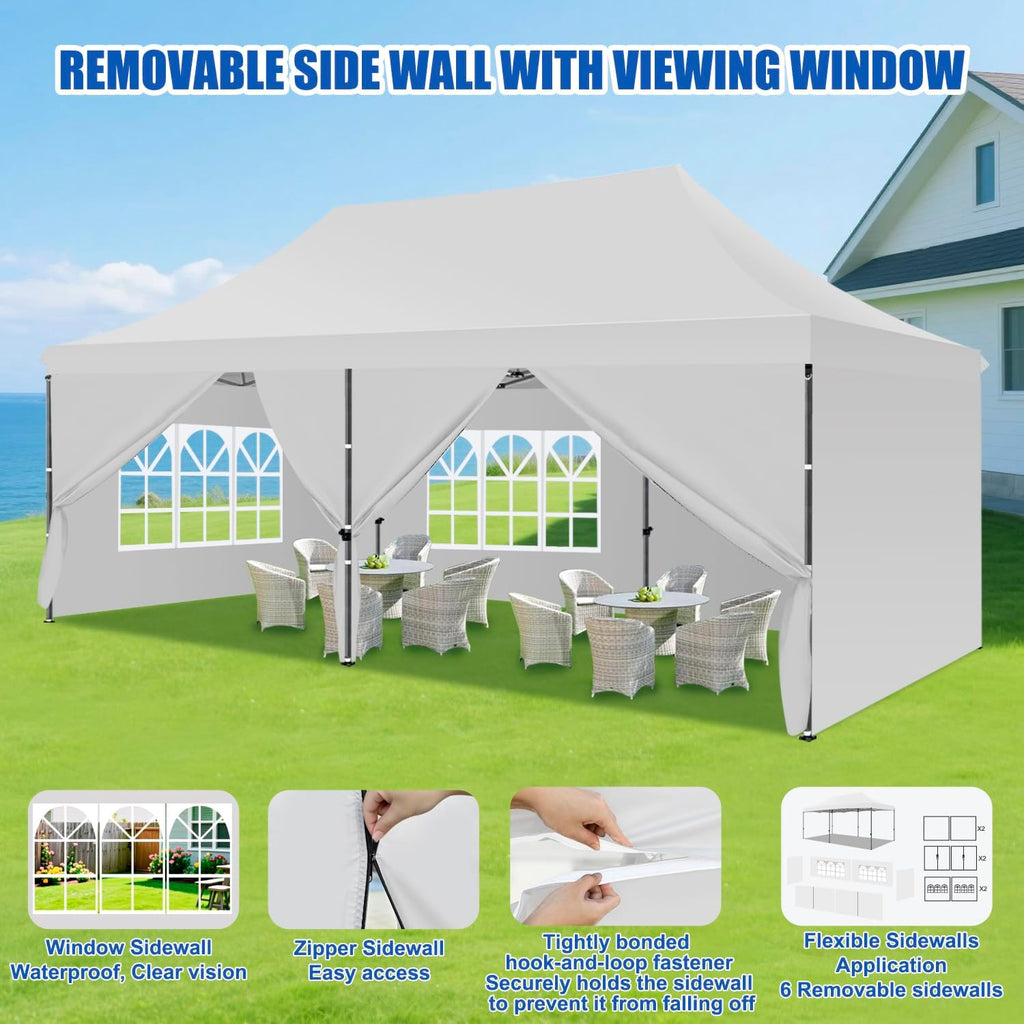 Yesker 10x20 Pop Up Canopy Tent with Sidewalls Instant Outdoor Canopy, Waterproof & UV Protection, Easy Setup Adjustable Height Heavy Duty Shelter Gazebo Tent for Patio Backyard Party Events, White