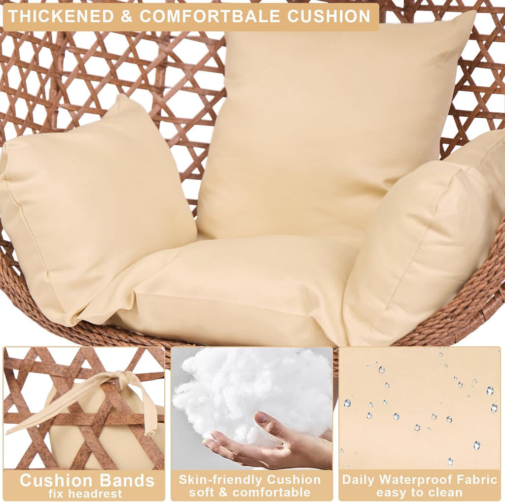 Indoor Hanging Chair with Stand for Bedroom, Hexagon Rattan Wicker Swing Egg Chair for Bedroom Porch Garden Patio Outdoor, Hammock Egg Swing Chair with Cushion,350LBS Capacity (Beige)