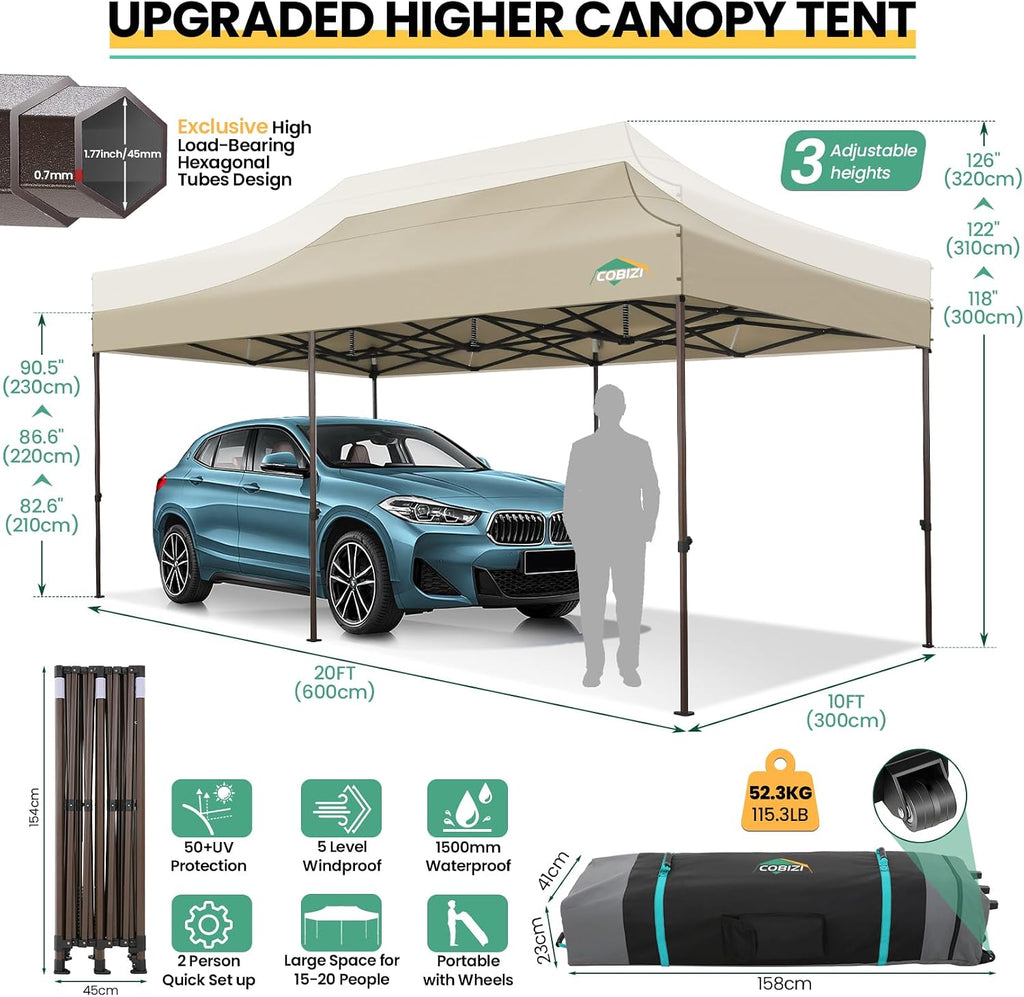 COBIZI 10x20 Pop up Canopy Without Sidewall Heavy Duty Commercial Outdoor Gazebo Easy Up Wedding Party Tents for Parties with Roller Bag, All Season Wind & Waterproof UPF50+(Upgrade Hexagonal Tube)