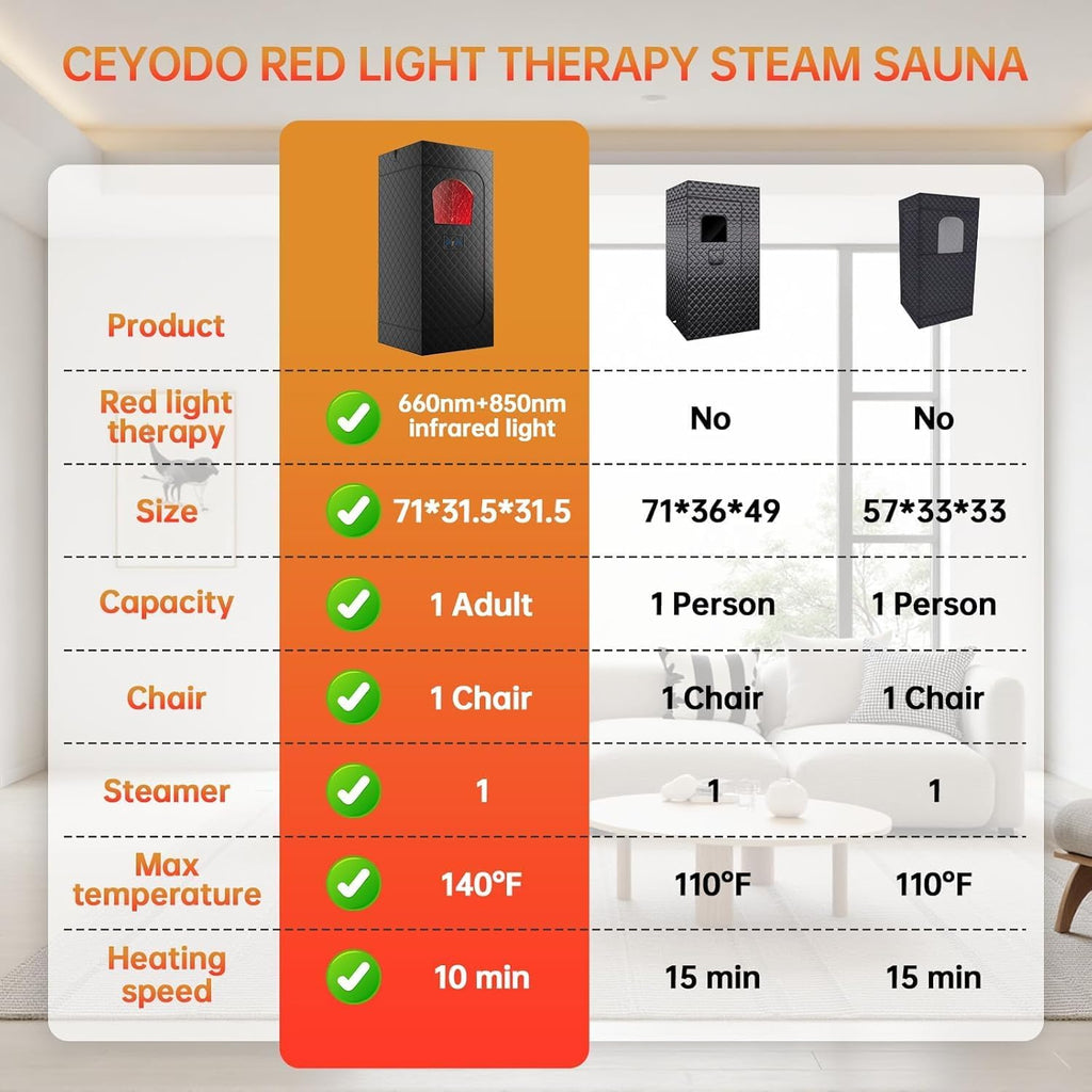 Infrared Sauna Box, Portable Sauna with 660nm Red Light Therapy & 850nm,5-Layer Waterproof, 3L 1300W Steamer,Folding Chair,for Home Sauna Spa Personal Saunas Tent Indoor Outdoor
