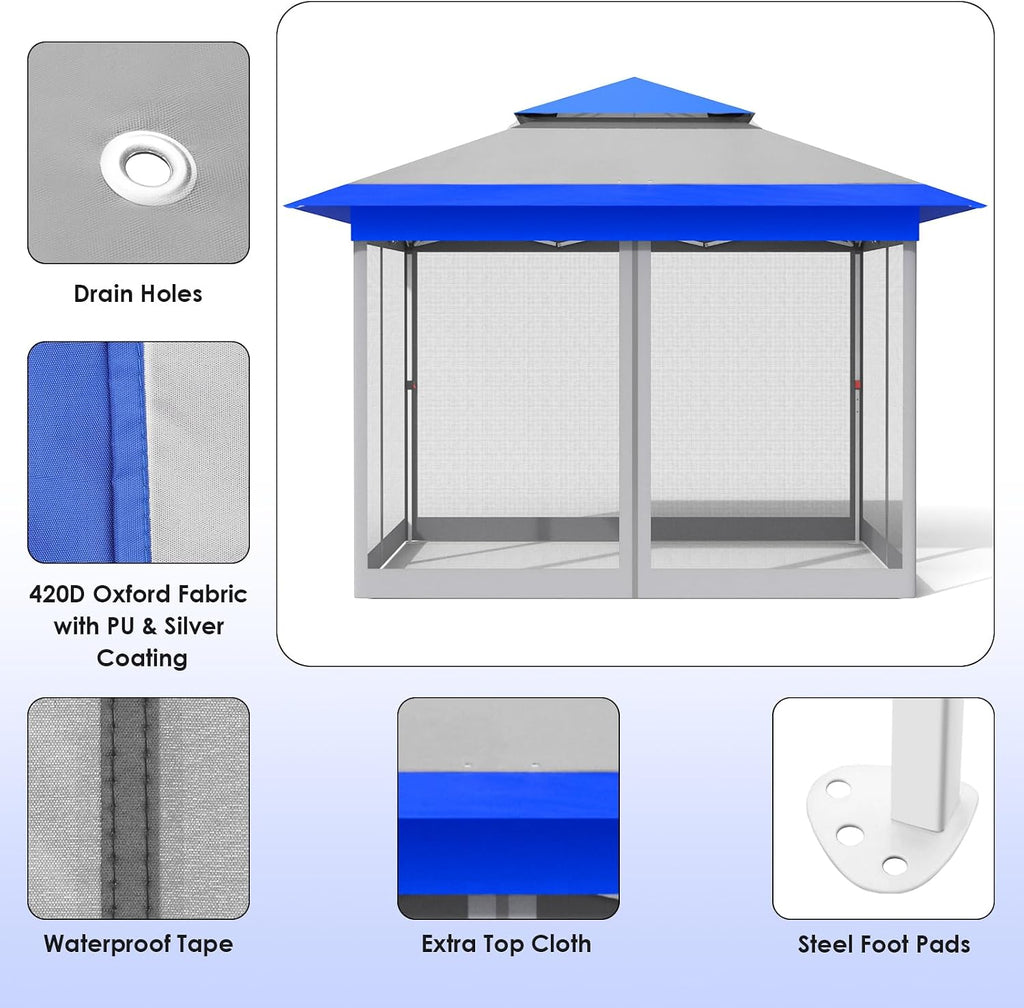 MAMIZO 13ft Pop Up Gazebo, Outdoor Instant Canopy Tent w/4 Netting Sidewall & Auto Extending Eave, Patio Gazebos Shelter w/Mesh Wall, Center Lock, Wheeled Bag for Garden, Yard (Blue, 13X13FT)