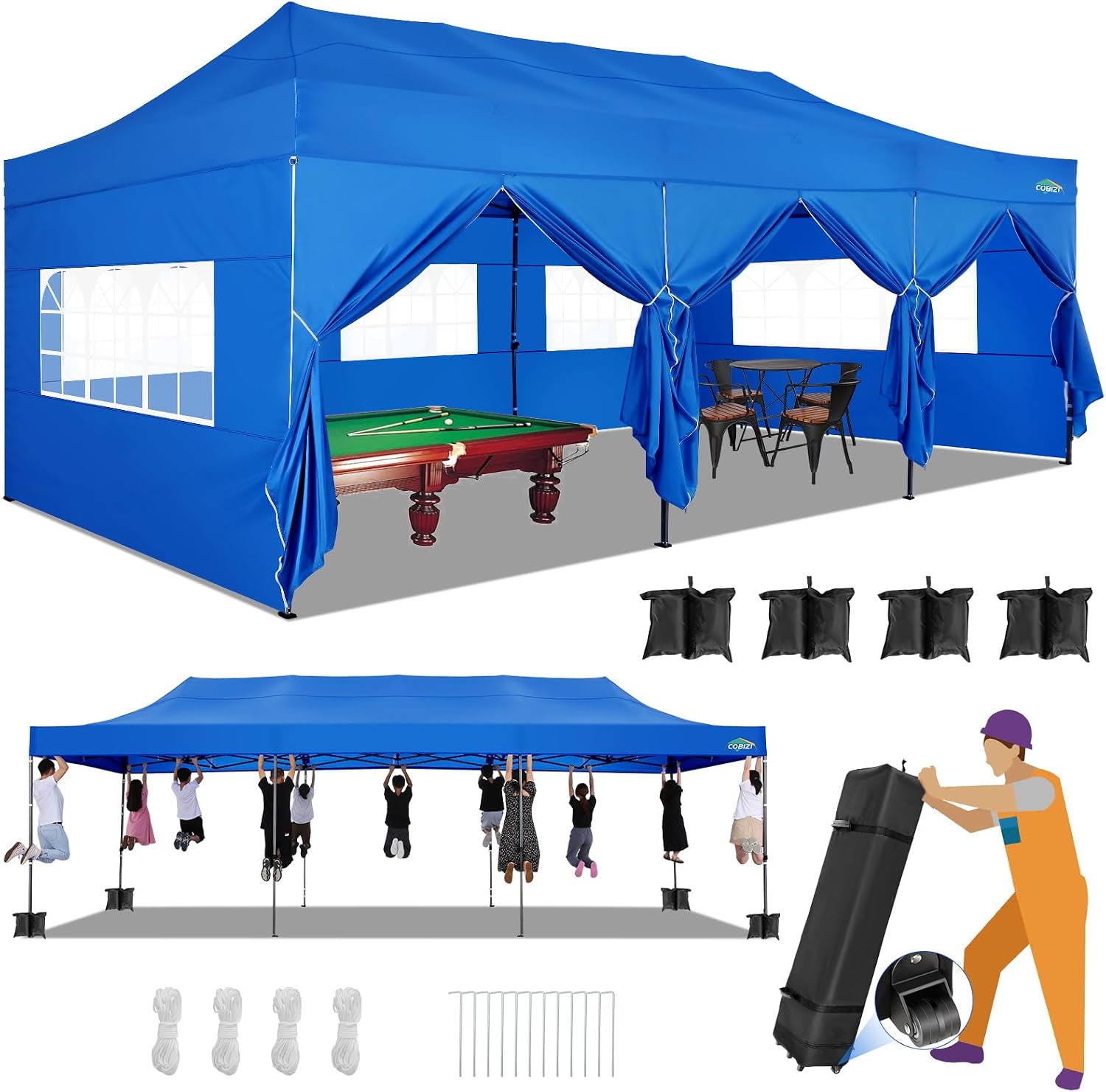 COBIZI 10x30 Heavy Duty Pop up Canopy with 8 sidewalls Stable Wedding Outdoor Tents for Parties Canopy Pop Up Party Tent UPF 50+ Waterproof Commercial Gazebo with Roller Bag, Blue(Windproof Upgraded)