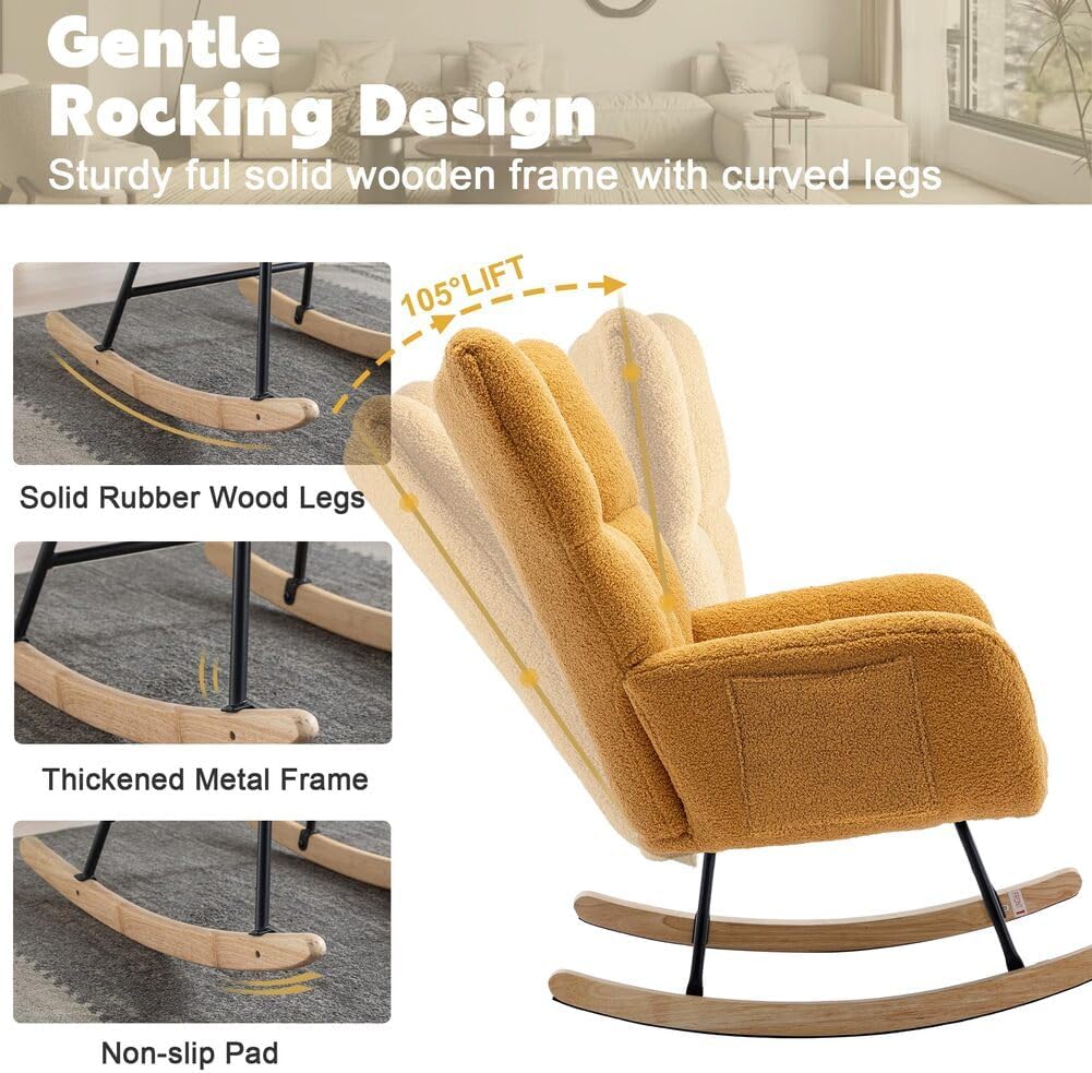 Nursery Rocking Chair Teddy Upholstered Glider Rocker Rocking Accent Chair with High Backrest Armchair Comfy Side Chair for Living Room, Bedroom, Offices (Turmeric)
