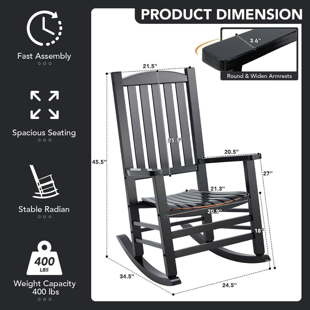 Wooden Outdoor Rocking Chair, Oversized Patio Rocking Chair w/400lbs Support & High Backrest | Porch, Lawn, Garden, Backyard，Black