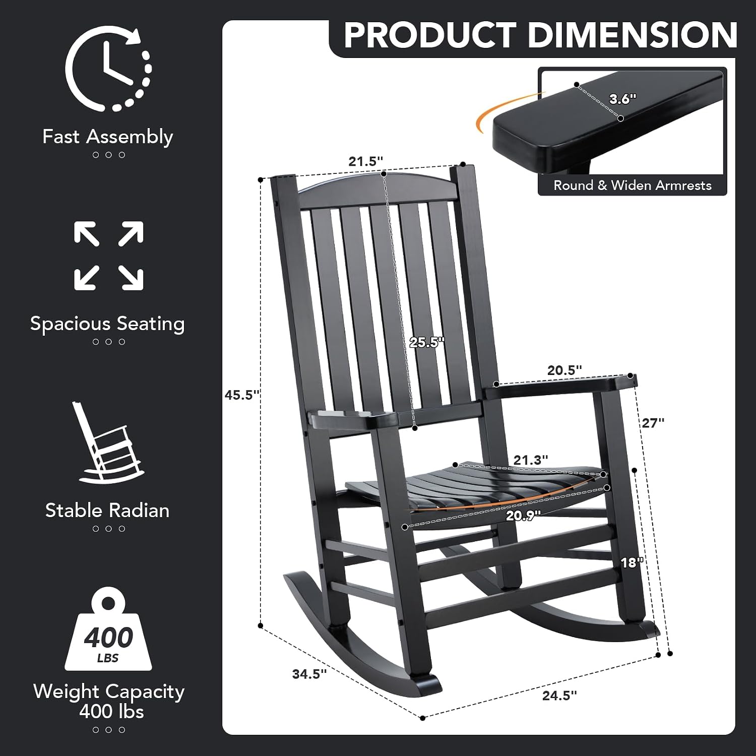 Wooden Outdoor Rocking Chair, Oversized Patio Rocking Chair w/400lbs Support & High Backrest | Porch, Lawn, Garden, Backyard，Black