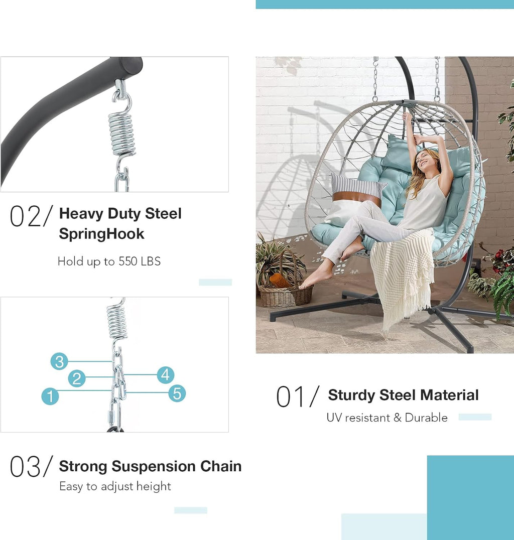 Patiorama 2 Person Double Egg Swing Chair with Stand Indoor Outdoor, Patio Wicker Rattan Hanging Egg Chair w/Cushion, Pillow, Foldable Hammock Chair 550lbs for Bedroom, Balcony, Garden (Light Blue)