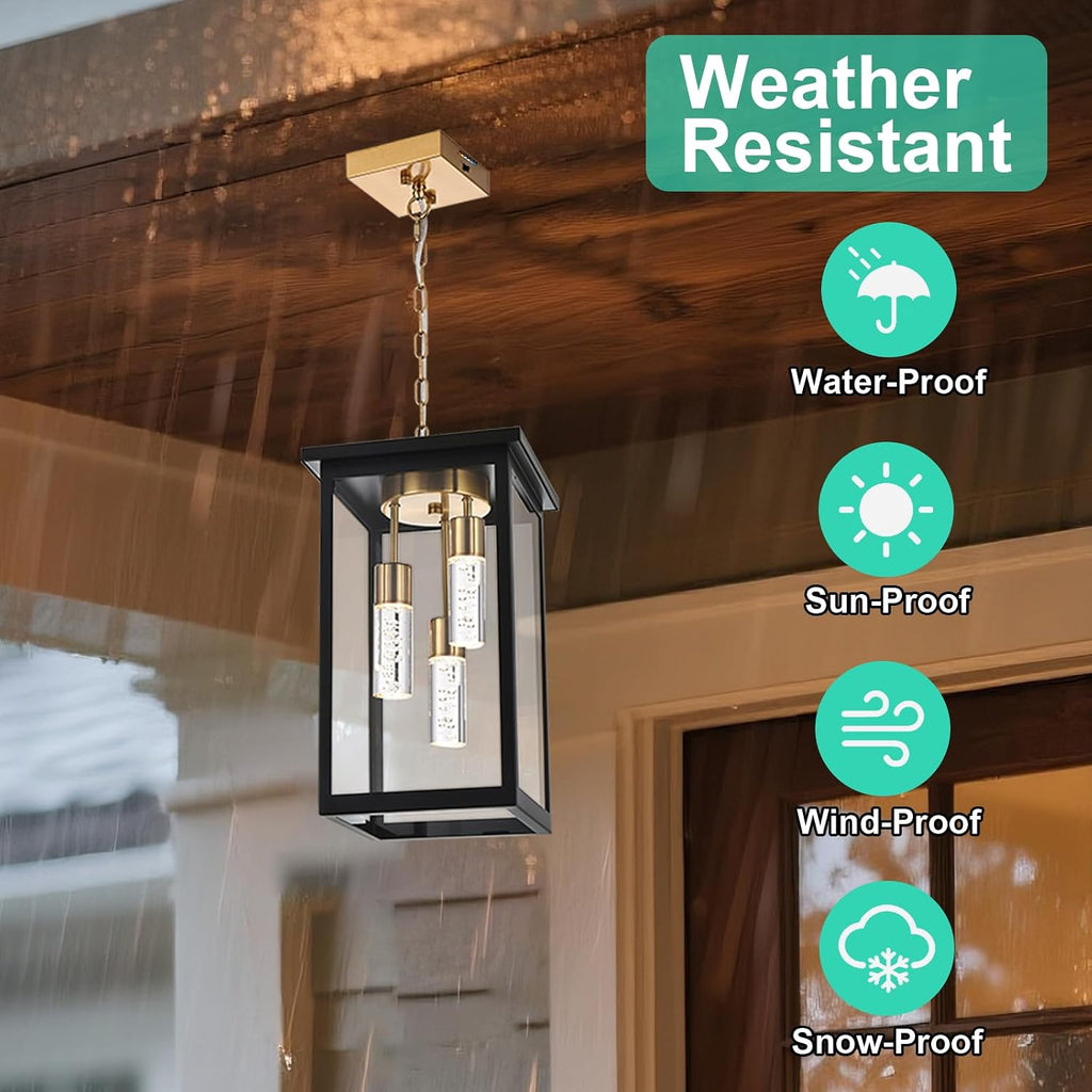 Yaohong 17' Large 5CCT LED Outdoor Pendant Light, 3-Lights Modern Black and Brushed Brass Hanging Ceiling Fixture with Acrylic Column & Clear Glass, Weatherproof Chandelier for Porch Gazebo