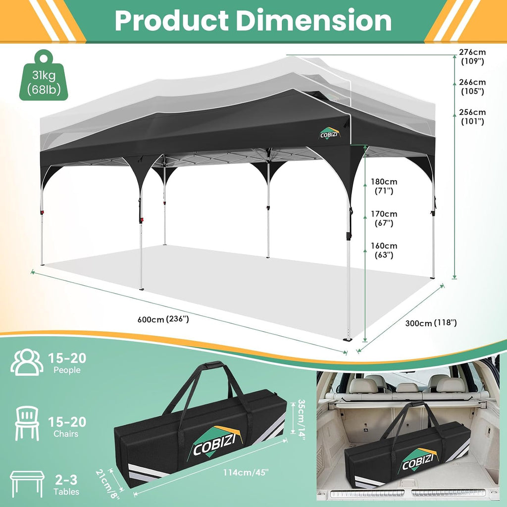 COBIZI 10x20 Pop Up Canopy Tent, Outdoor Party Tent with 4 Sidewalls, 1 Person Easy Set up, Tents for Parties with Fluorescent Strip & 4 Sandbags, Waterproof UPF50+, 3 Adjustable Height, Black