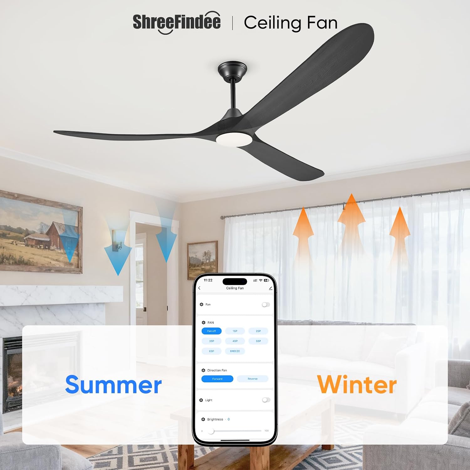 82' Large Indoor Outdoor Ceiling Fan with Light - Remote/App/Alexa Control, 3 Wood Blade, High CFM Quiet Energy Efficient Reversible, Damp-rated for Patios Porch Garage Shop, Modern Black Industrial