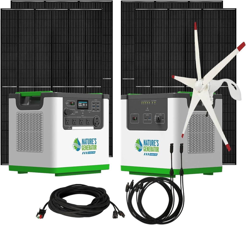 Nature's Generator Lithium 3600 Platinum Pro WE,1 x Lithium 3600 + 1 xPod + 4x 410 Panels + 1 x Wind Turbine + 50' Cable + Powerhouse Branch Cables