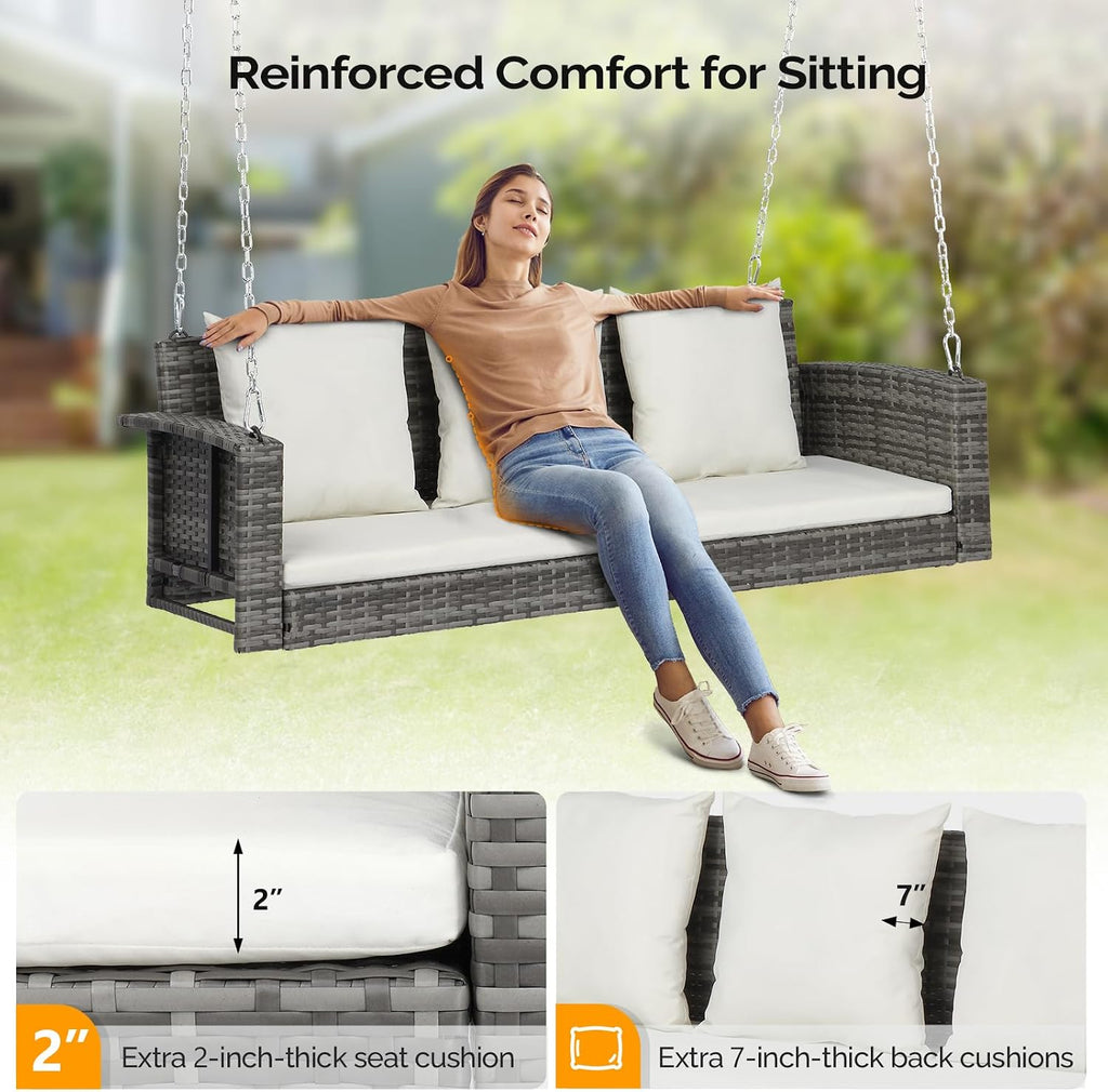 VINGLI Heavy Duty 800 LBS Wicker Hanging Porch Swing with Cushions & Chains, 5FT Outdoor Rattan Swing Bench for Garden, Yard, Lawn (Grey)