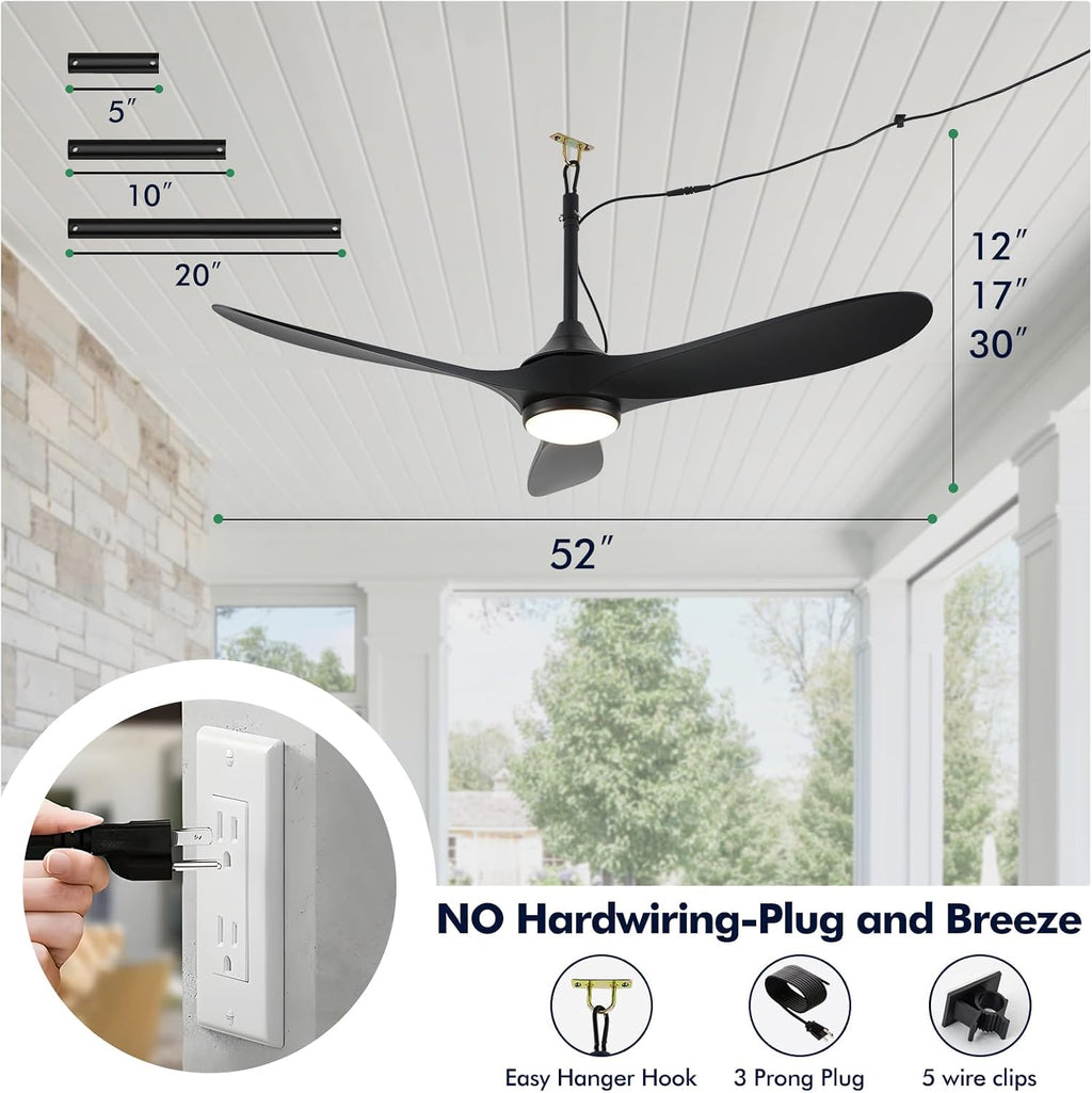 52 inch Outdoor Ceiling Fan with Light Waterproof - Plug in Hanging Hook for Patio, Porch, Gazebo - Wet Rated Weatherproof Exterior Black 3 Blades Ceiling Fan with Remote