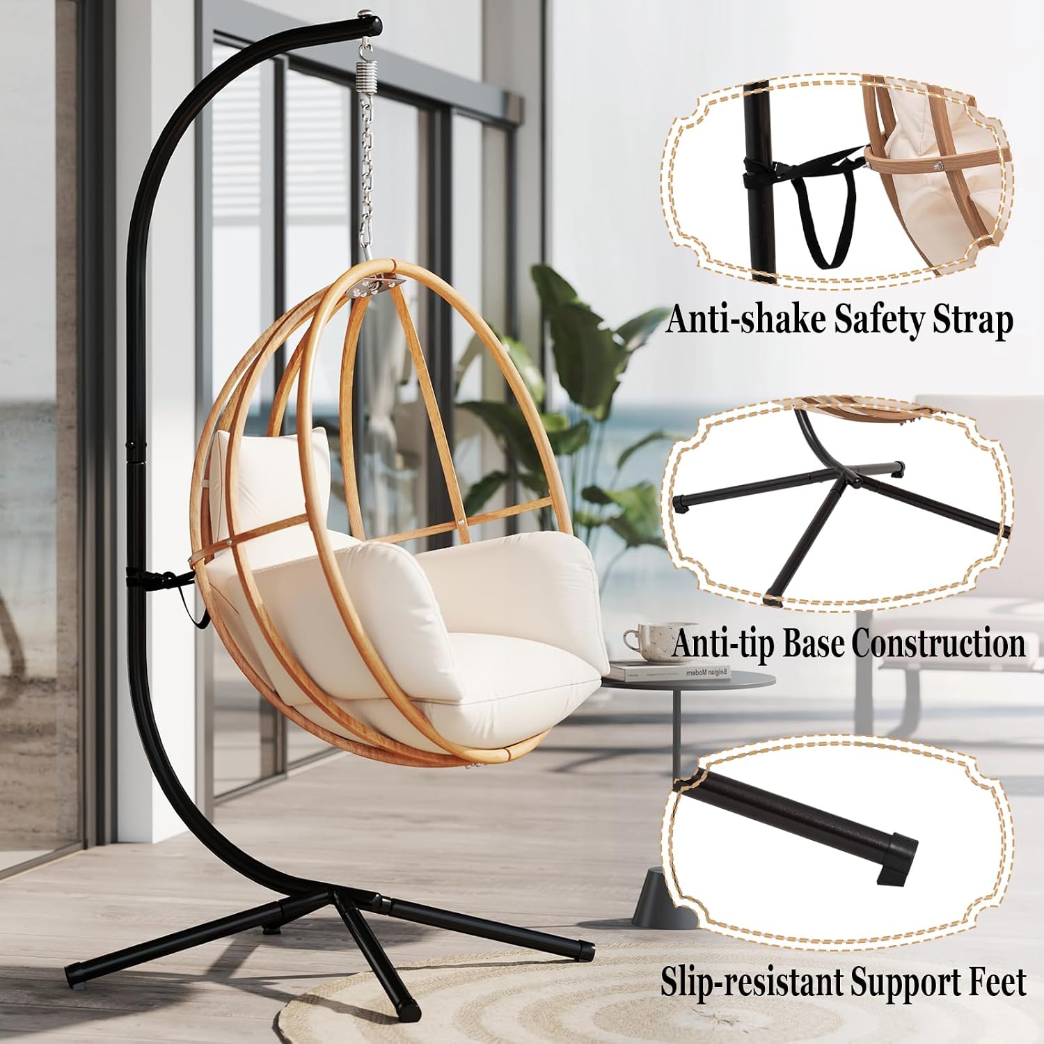 Egg Chair with Stand, Egg Swing Chair with Stand Outdoor, Outdoor Indoor Egg Swing Chair with Cushion Headrest for Patio, Porch, Balcony, Bedroom, Beige