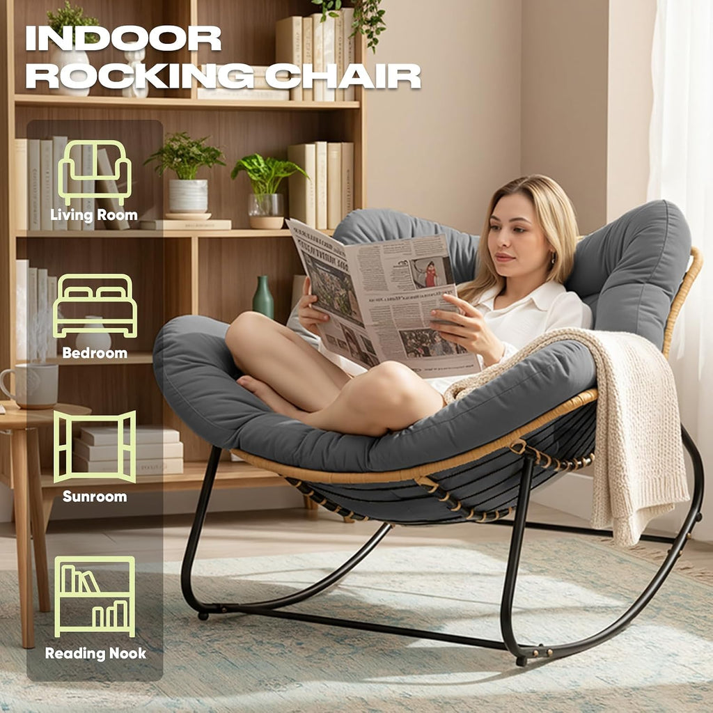 Papasan Chair with Cushion, Oversized Outdoor Rocking Chair, Patio Egg Chair Outdoor, Wicker Modern Cozy Comfy Chair for Bedroom, Living Room, Garden, Balcony, Lawn, Dark Grey