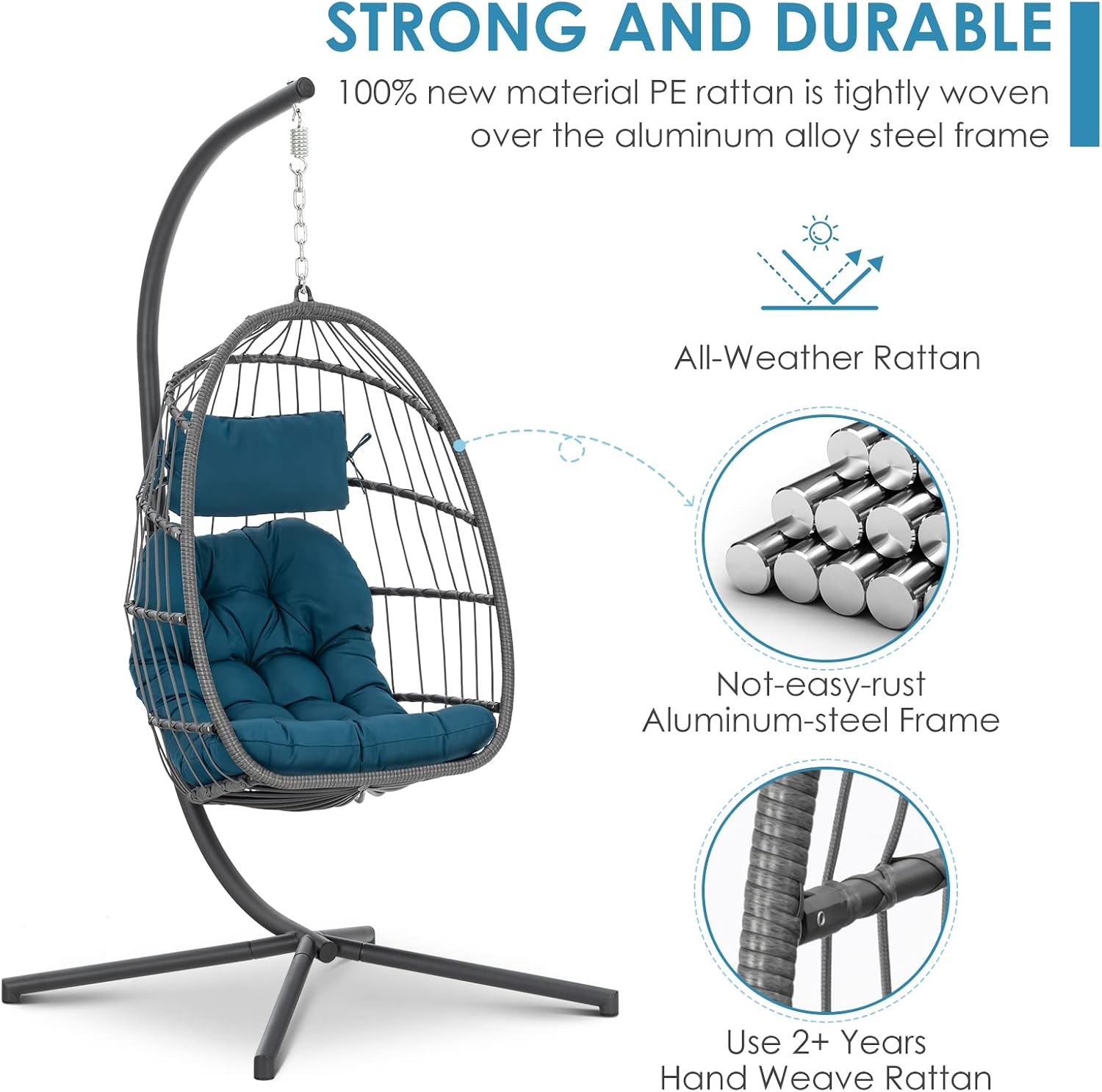 Brafab Wicker Rattan Hanging Swing Egg Chair, Aluminum Frame and UV Resistant Cushion, Indoor Outdoor Patio Porch Lounge Hand Made Chair 350LBS Capacity