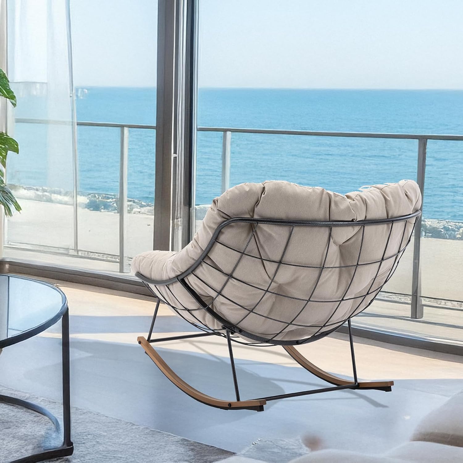 Outdoor Rocking Chair, 400 lbs Sturdy Frame with Thick Cushion,Patio Papasan Chair for Bedroom, Living Room, Porch, Garden(Beige)