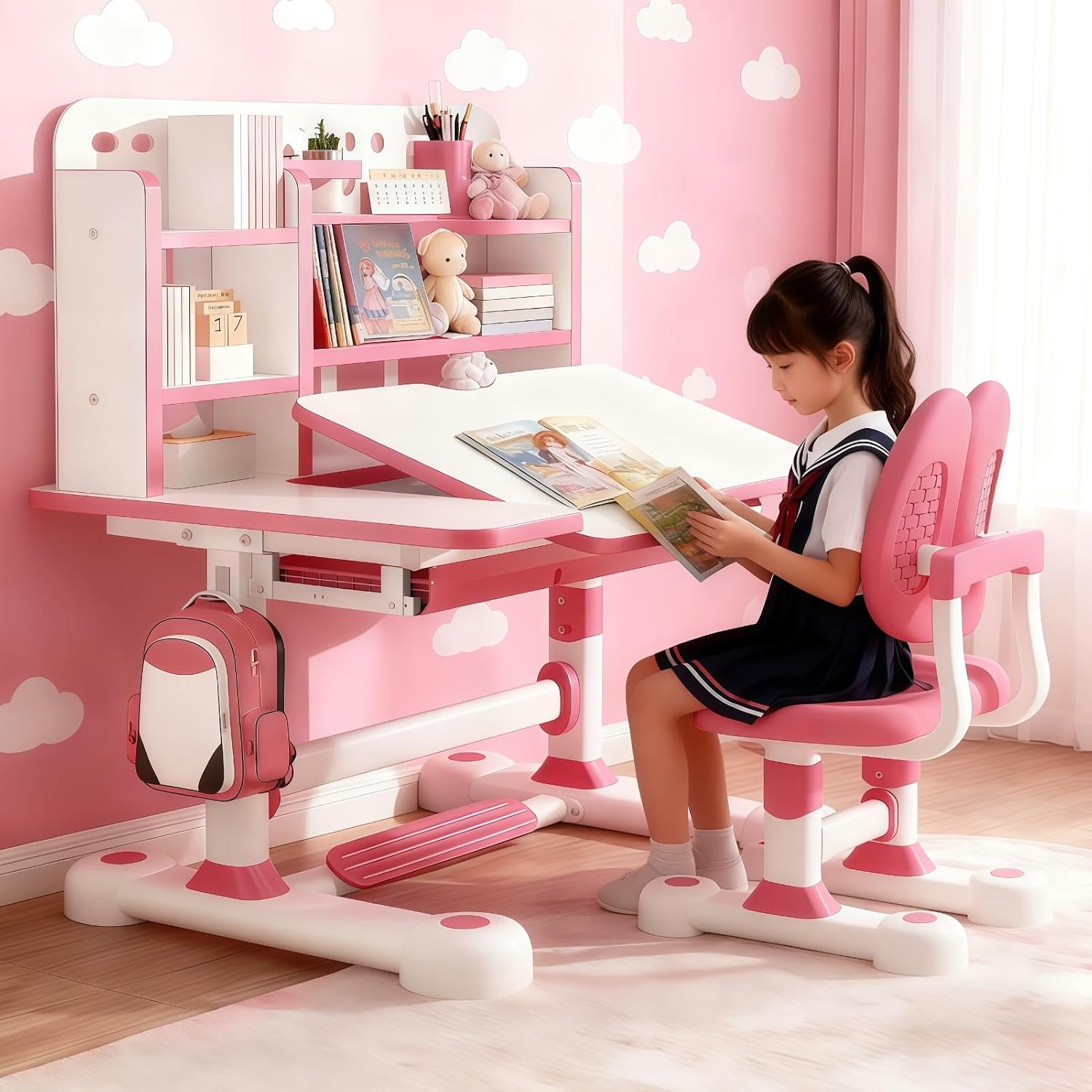 Kids Desk and Chair Set, Height Adjustable Kids Study Desk with Widened Tabletop,Tiltable Reading Stand, Spine Protect & Prevent Myopia, for Boys & Girls 3+ (Blue 2)